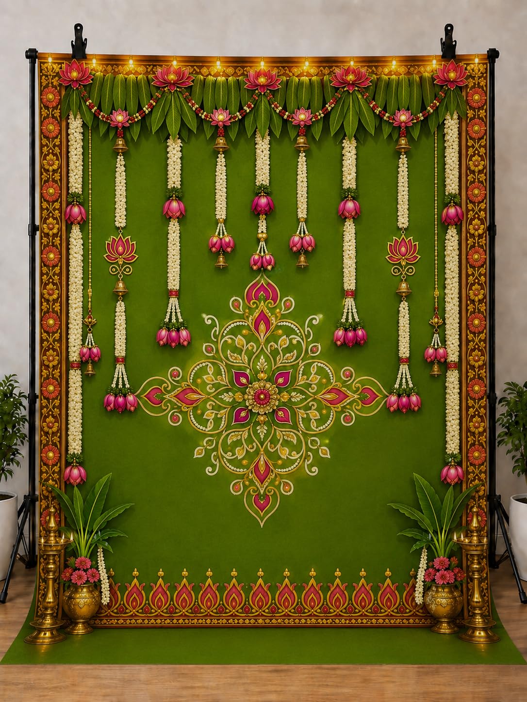 Backdropon Green Lotus Floral Fabric Backdrop with Mango Leaves, Flower Garlands & Traditional Rangoli Design for Pooja, Wedding, Festival & Event Decoration Size 8 Feet Height & 5 Feet Width (8 * 5)-image-14