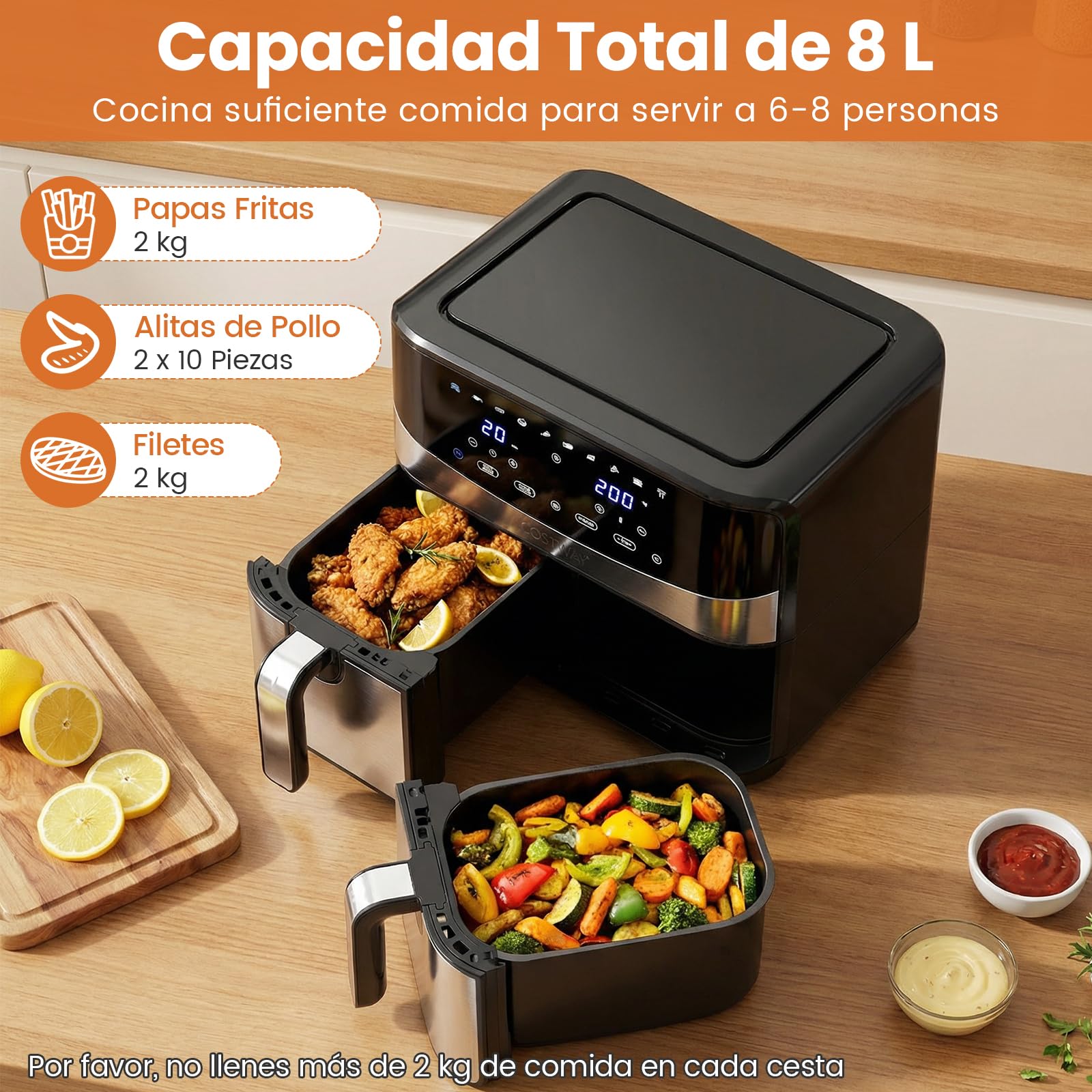 COSTWAY Freidora Aire 8L, XXL, 10 en 1 Air Fryer con Doble Cesta, Pantalla Táctil Digital y Aire Caliente de 360°, 2100W, 6-9 Personas, Apto para Lavavajillas