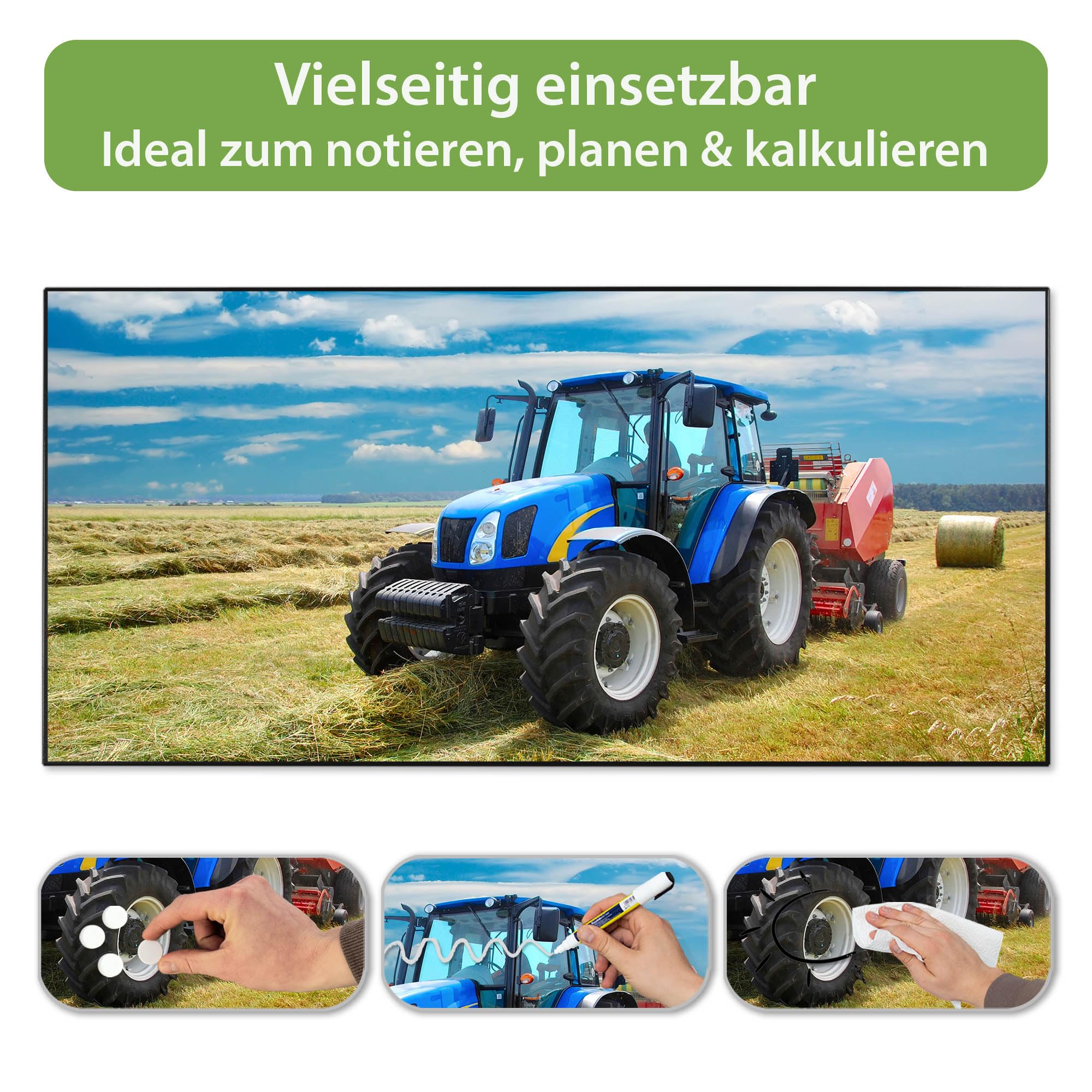 banjado Magnettafel Metall 78 x 37cm - beschreibbare Magnettafel - Metall Pinnwand als Memoboard - Magnetwand Küche, Büro, Kinderzimmer Schwarz inkl. 4 Magnete & Montageset - Motiv Traktor