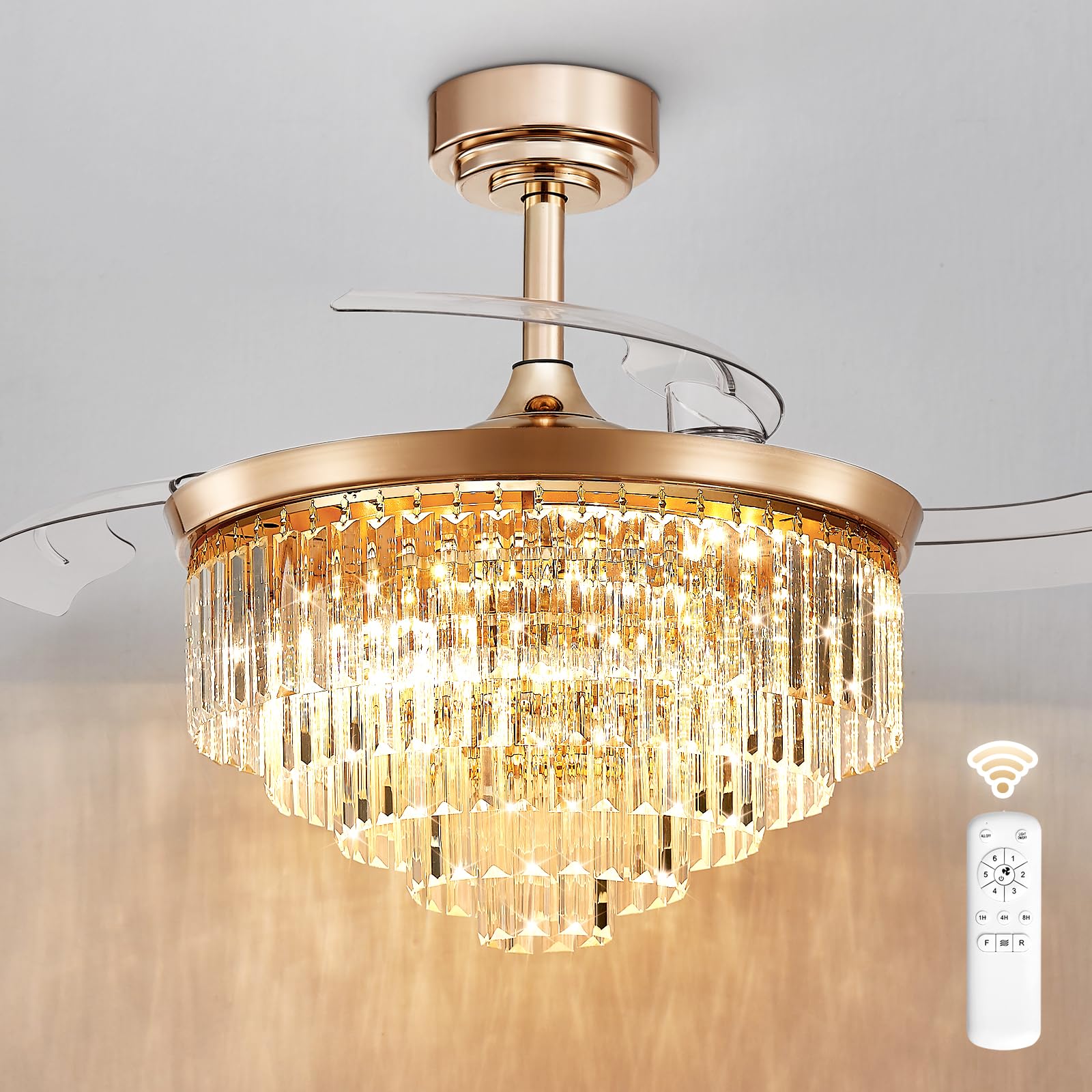 XINSHUO Retractable Ceiling Fans with Lights Remote Control 42'' Crystal Dimmable Ceiling Fan Light Noiseless with 3 Blades 3000K 4000K 6000K Gold