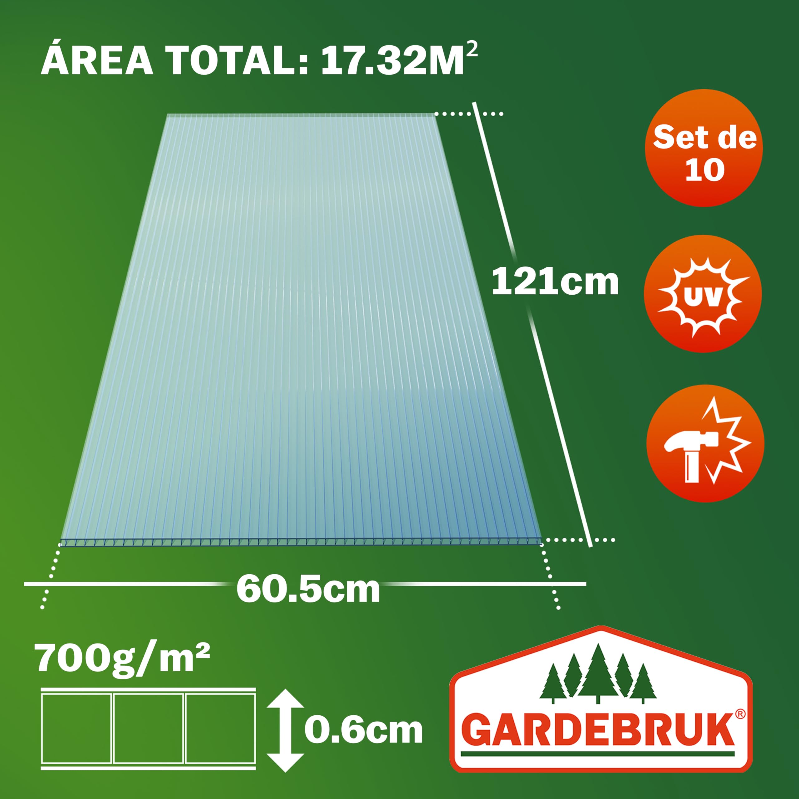 GARDEBRUK® Placas de Policarbonato Alveolar 6mm 121x60,5cm Panel Sandwich Tejado Exterior 7,3m² Transparentes Cubierta Invernadero