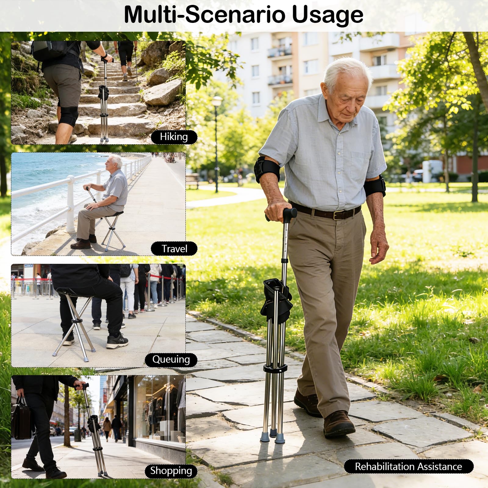 Canne de marche avec siège, 80–90 cm réglable en hauteur, alarme Bluetooth, pliable et légère, Cane-Hocker-Dualuse, capacité de charge 150 kg, idéale pour la randonnée, le camping et les activités de