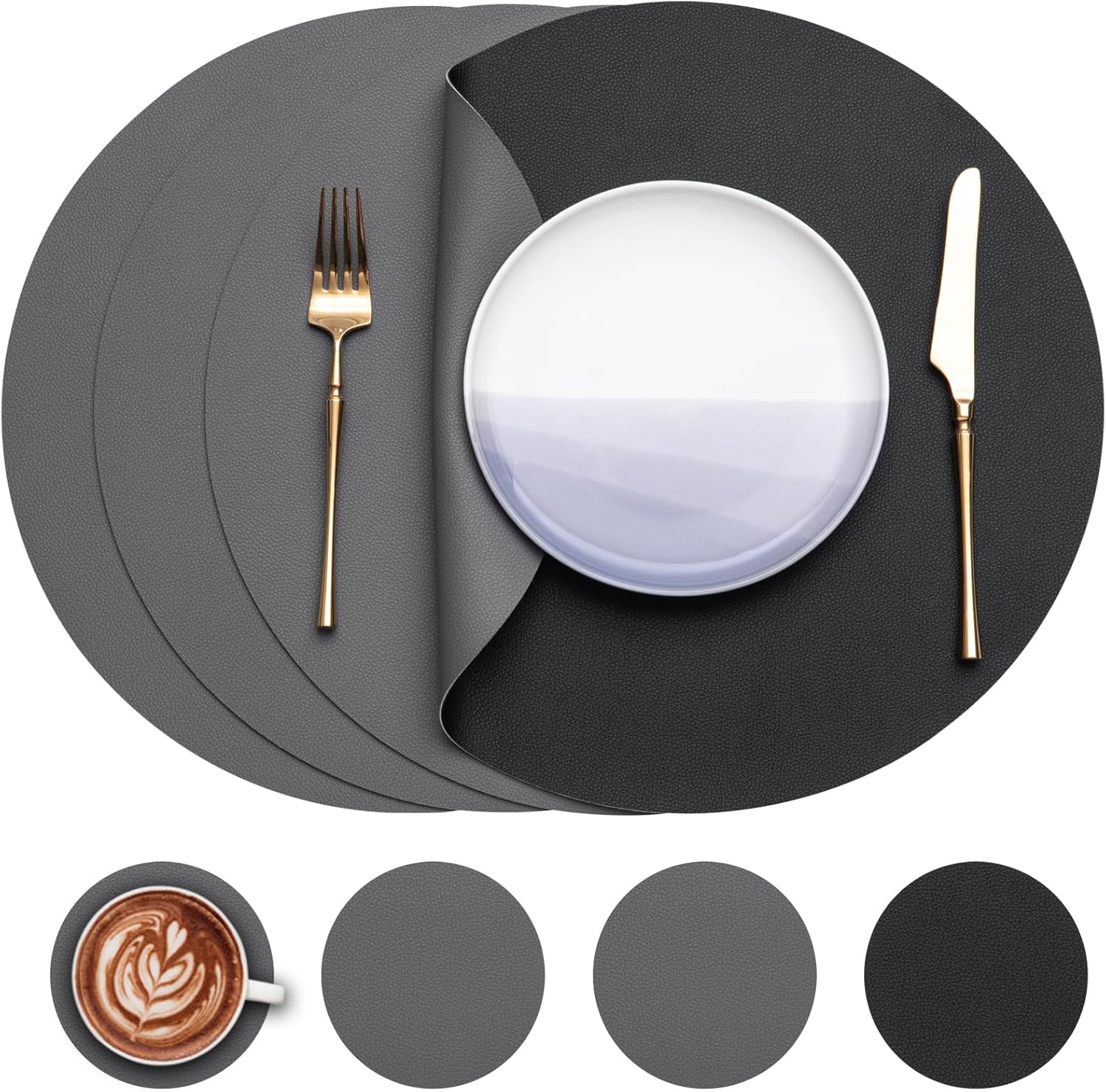 Lauamati komplekt 4 tk, kahepoolne, kunstnahast, hall-must