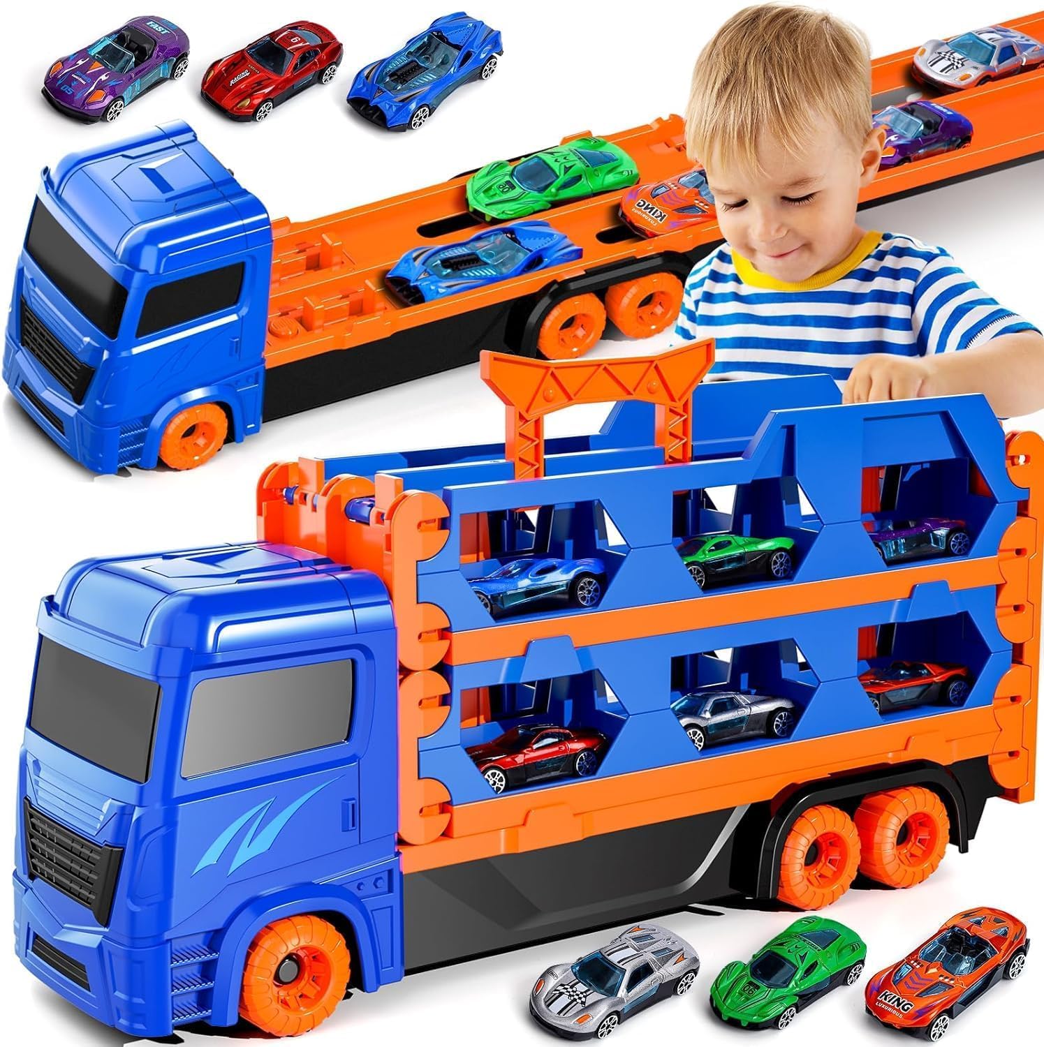 CLaLoc Race Track Die-Cast Transport Truck Car Toys with 12 Metal Car Race Track Mega Hauler Truck for Toddlers 2 3 4 5 6 Years Old Boys Kids,Toddler Car Toys Set for Kids Ages 3-8 Boys Girls