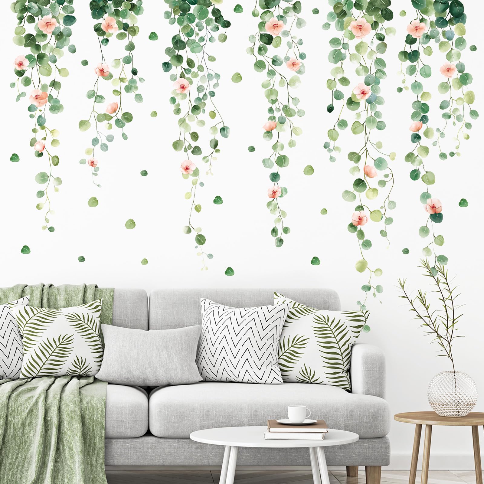SHUCHING Hanging Vine Wall Stickers for Bedroom Green Eucalyptus Leaves Wall Decals