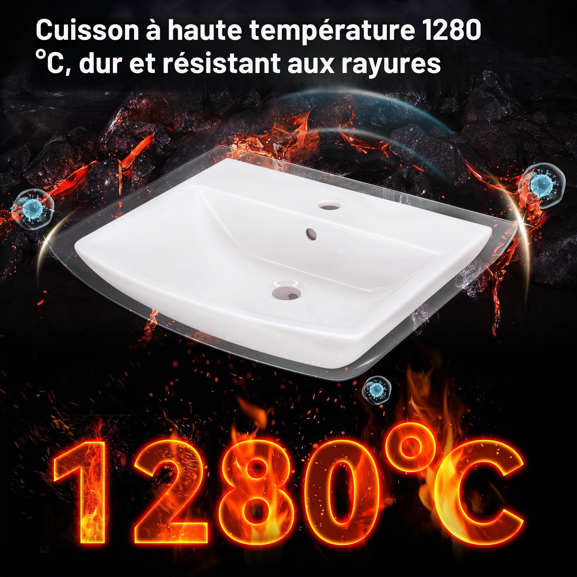 HOROW Lavabo de salle de bain petit avec trop-plein - Lavabo à poser - Pour salle de bain d'invités - Lavabo suspendu - Lavabo mural avec trou pour robinet - En céramique - Blanc - 50 cm