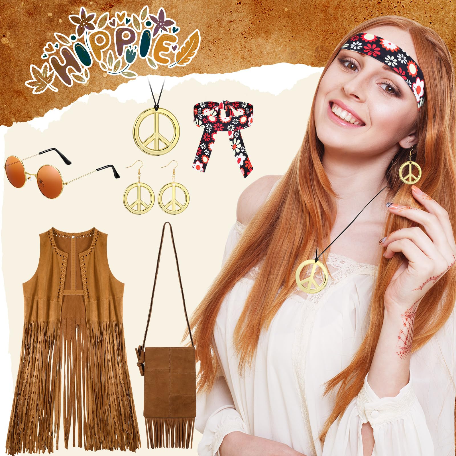Hestya Set di Accessori per Costume Anni '60 Anni '70 Kit di Travestimento Hippie da Donna Gilet con Frange Pantaloni Svasati Borsa Fascia Fiori Occhiali da Sole Collana Pace per Halloween
