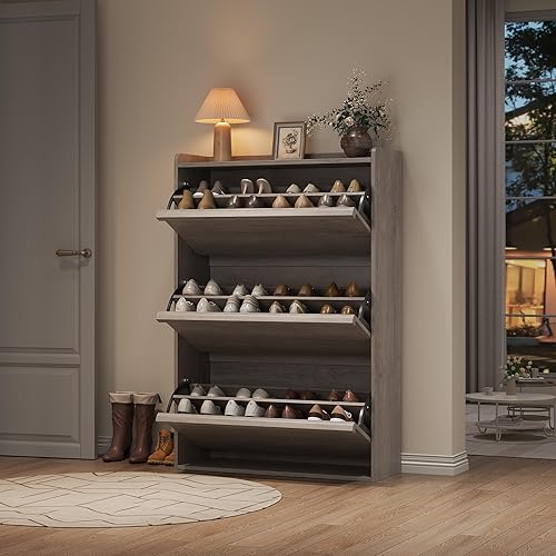 Miniatura 7 de GarveeHome Zapatero con 3 cajones abatibles, organizador de zapatos de madera con estante ajustable, almacenamiento de zapatos para entrada, armario