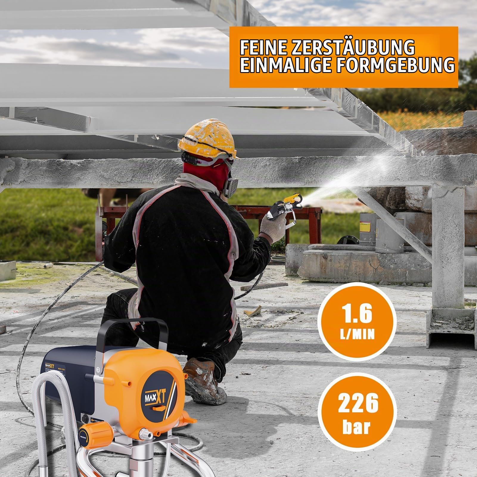 MAXXT Airless-Farbspritzgerät | 226 bar Hochdruck | 1,6 L/min Maximaldurchfluss | 7,5 m Hochdruckschlauch | Spray-Tip 517 | Inkl. Druckregelung & robustem Schlauchdesign