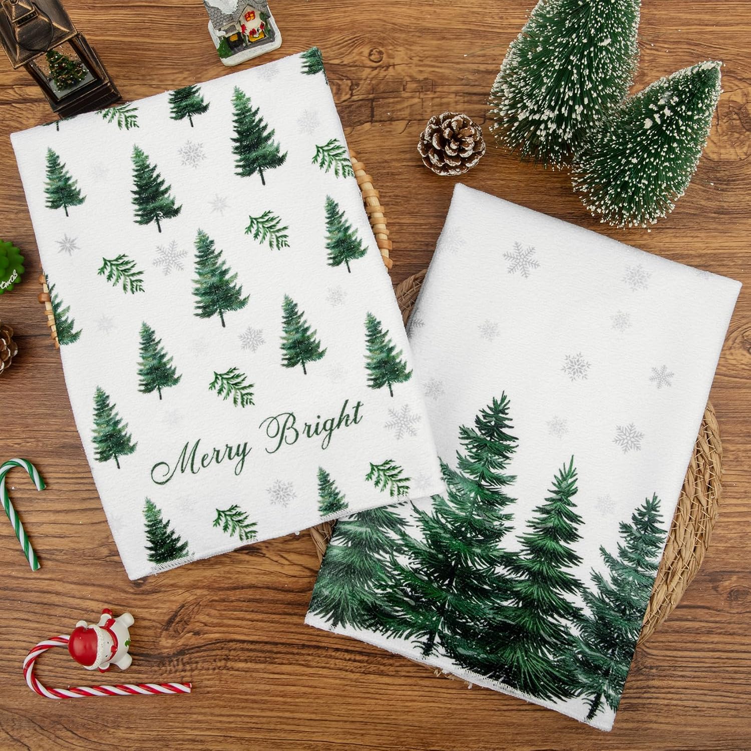 Ouddy Party Merry Christmas Kitchen Towels Set of 4, Green Xmas Tree Snowflakes Merry Christmas Dish Hand Towels Holiday Home Indoor Bathroom Party Seasonal Noel Decorations - Image 5