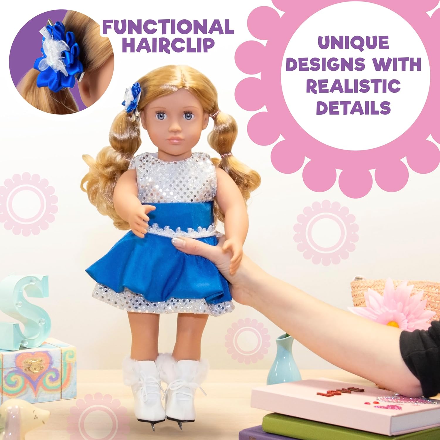 3pc Ice Skating Doll Outfit- Handmade Clothes & Accessories Compatible w 18" American Girl Doll- Figure Skater Set Includes Sparkly Dress, Ice Skates, & Hair Clip- Easter Gift Set for Girls : Toys & Games