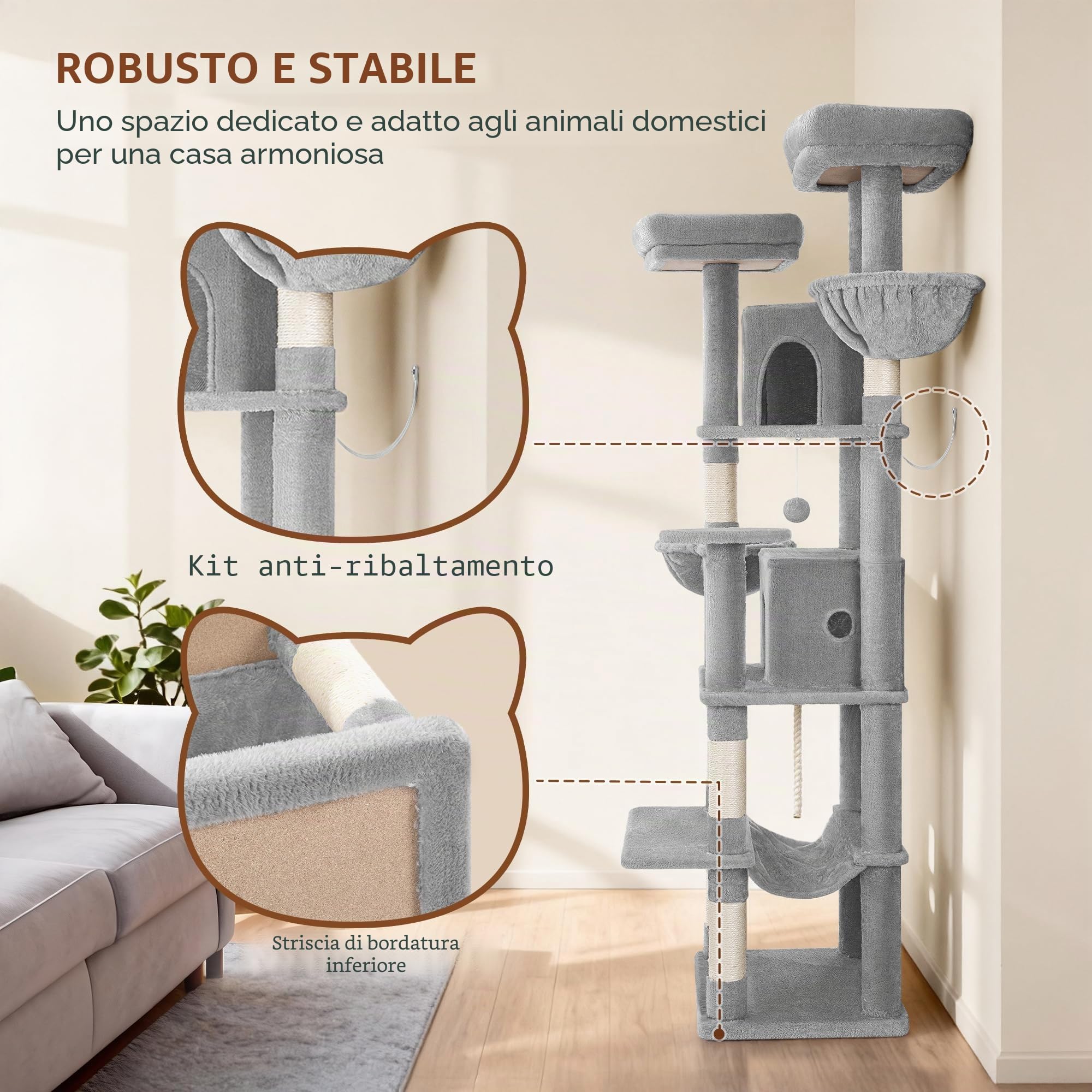 Albero Tiragraffi per Gatti, 216 cm Torre per Gatti, Grigio Chiaro