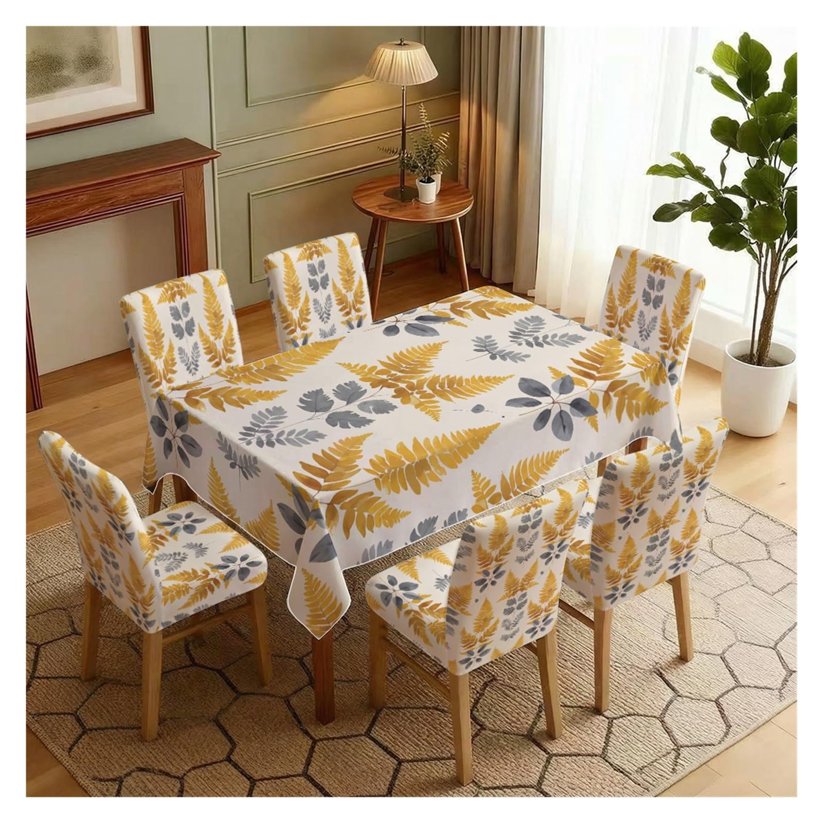 KXUAUV Modern Yellow & Grey Fern Leaf Print Tablecloth And Chair Covers Set, Stretch Slipcovers For Neutral Minimalist Dining Room Decor, 5/7 Pack Party Decor(7pcs Set: Tablecloth+Chair Covers)