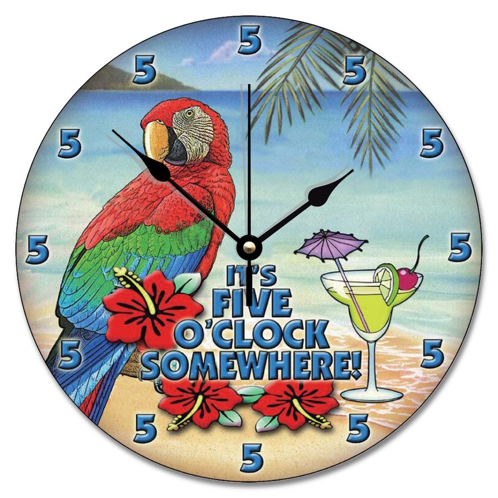 ArogGeld Parrot Beach Wall Clock 5 O'Clock Somewhere Large Wooden Wall Clocks Battery Operated 12 Inch Silent Non-Ticking Time Clock Modern Wall Art Farmhouse Decor for Kitchen Bedroom Living Room