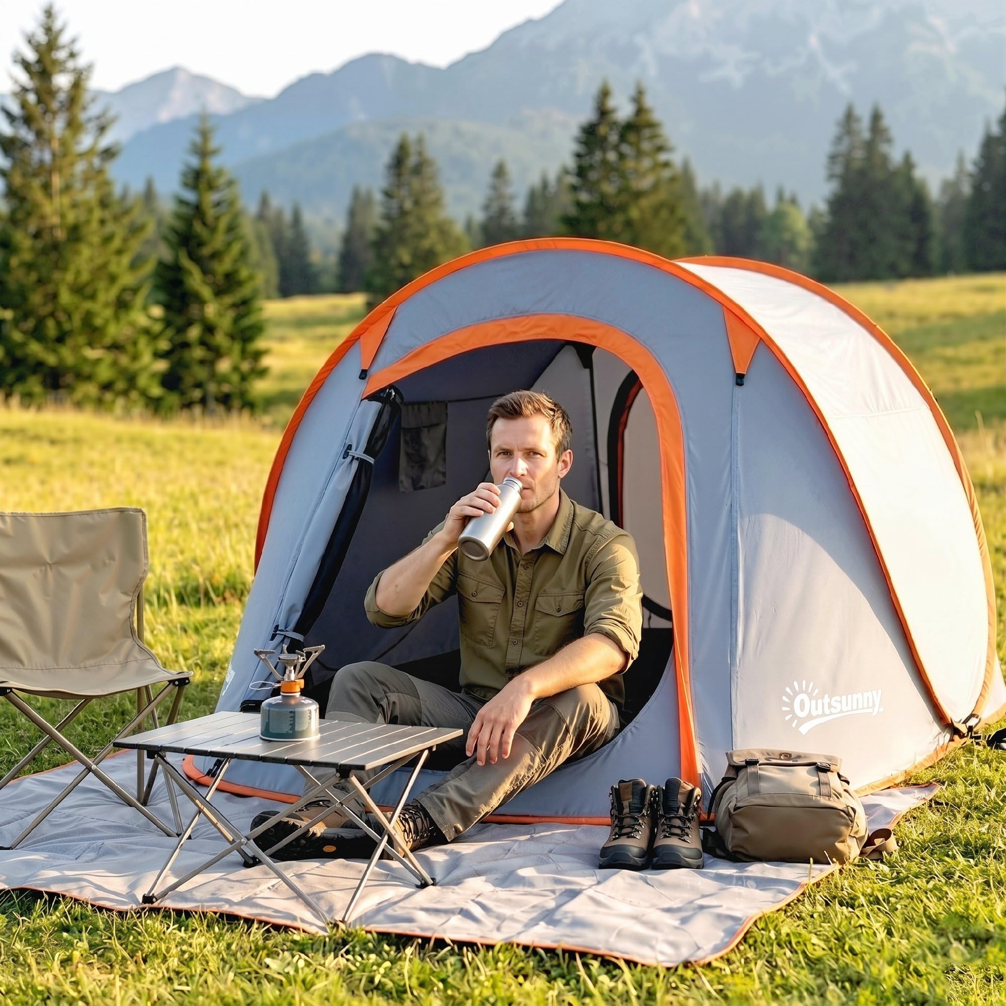 Outsunny Tente de Camping Pop up 2-3 Personnes légère ventilée avec Sac de Transport pour Le Camping, la pêche et la randonnée 245x148x105 cm