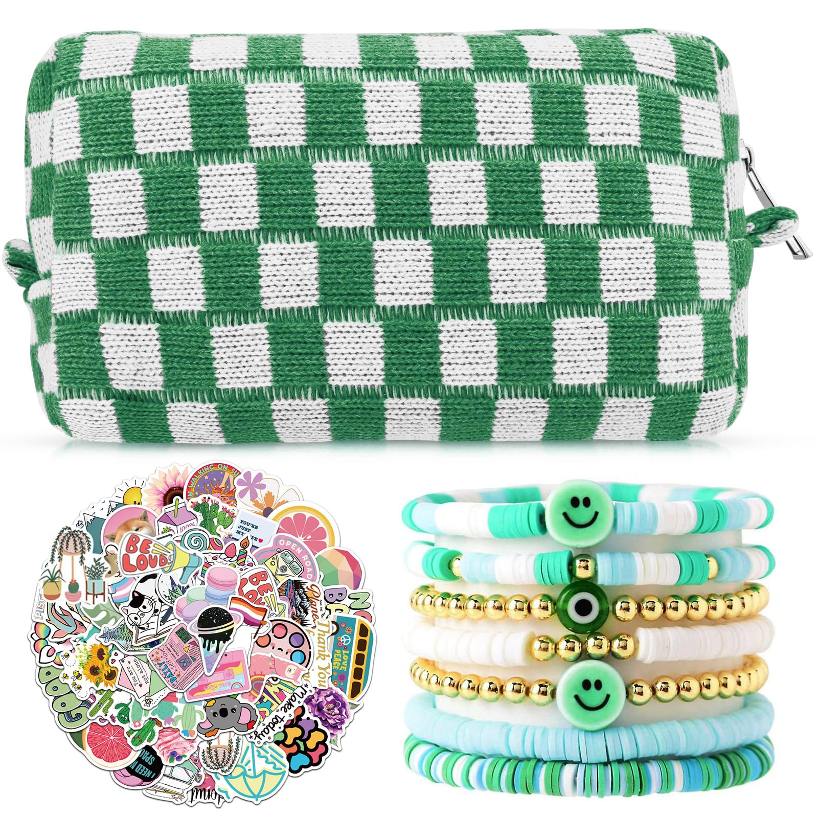 Preppy Checkered Makeup Bag Set with 7 Heishi Bracelets and 50 Green Stickers Cute Cosmetic Travel Pouch Teen Girls' Gifts Perfect for Skincare