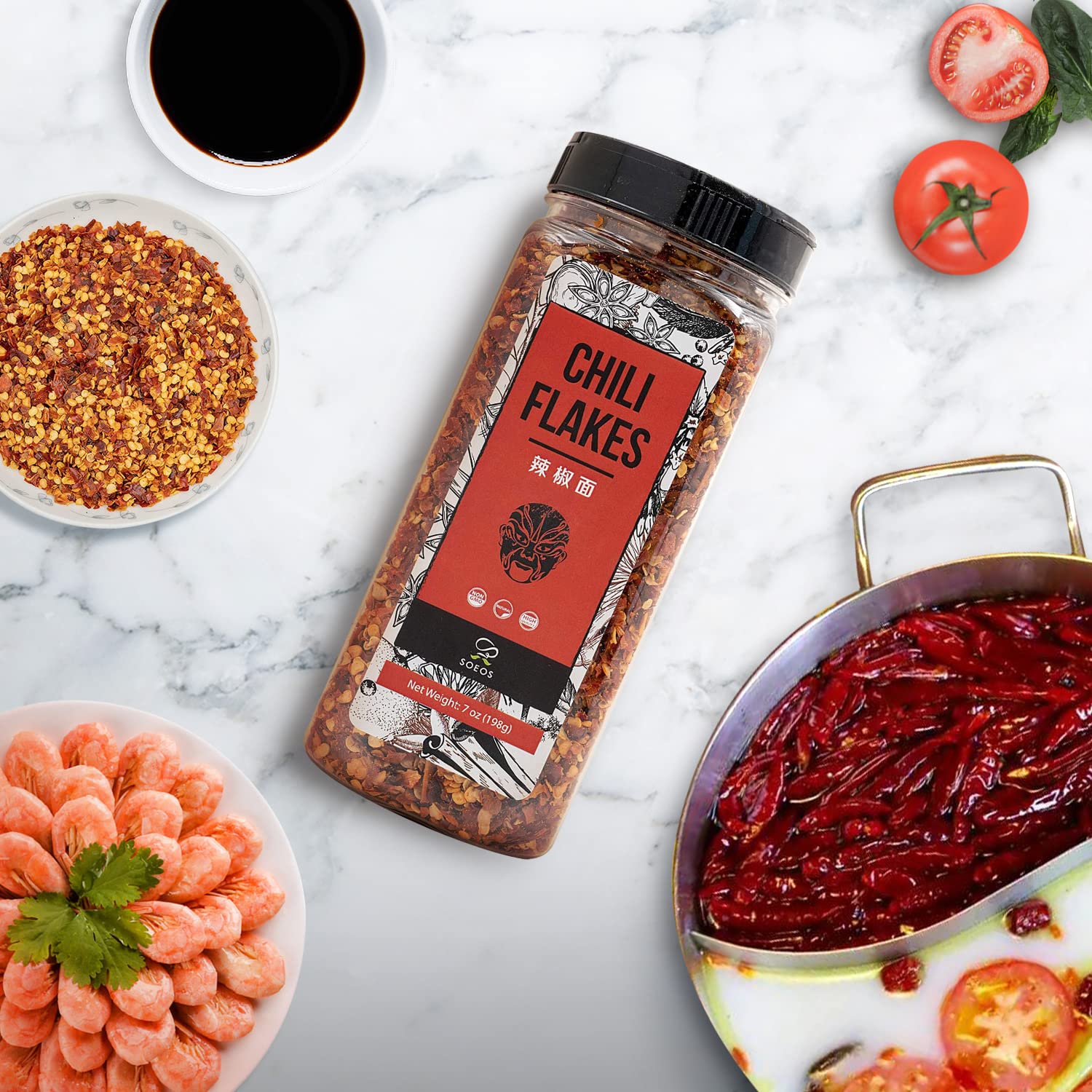 Soeos Fiocchi di peperoncino, 198 g, scaglie di peperoncino rosso medio caldo, essiccato e schiacciato, polvere di peperoncino premium per pizza, zuppa, frutti di mare e pasta