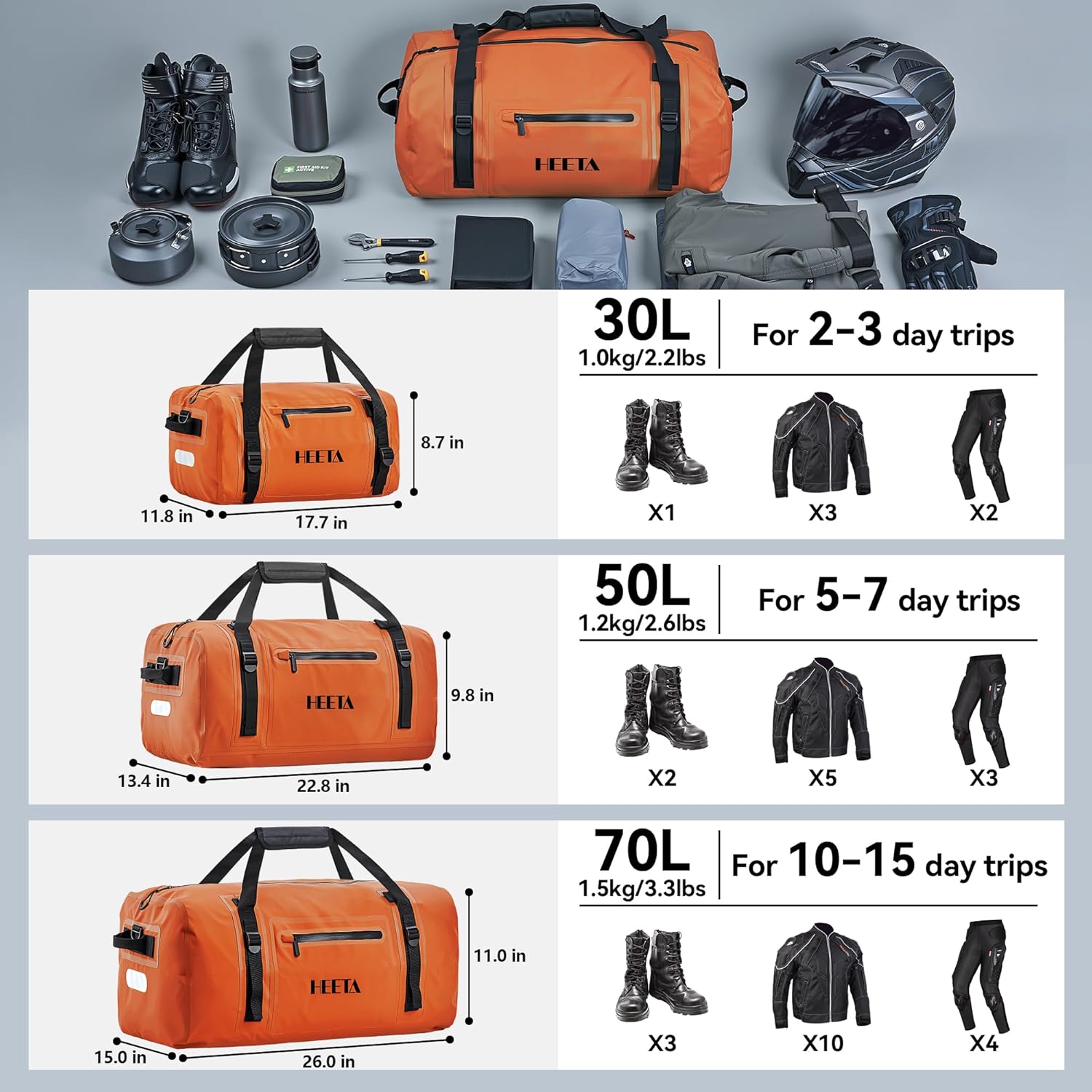 HEETA Waterproof Motorcycle Dry Bag, Waterproof Duffel Luggage Travel Bags with Zippered Closure & Pocket, Shoulder Straps, Large Space for Motorcycling Camping Commuting Boating (Orange, 50L)