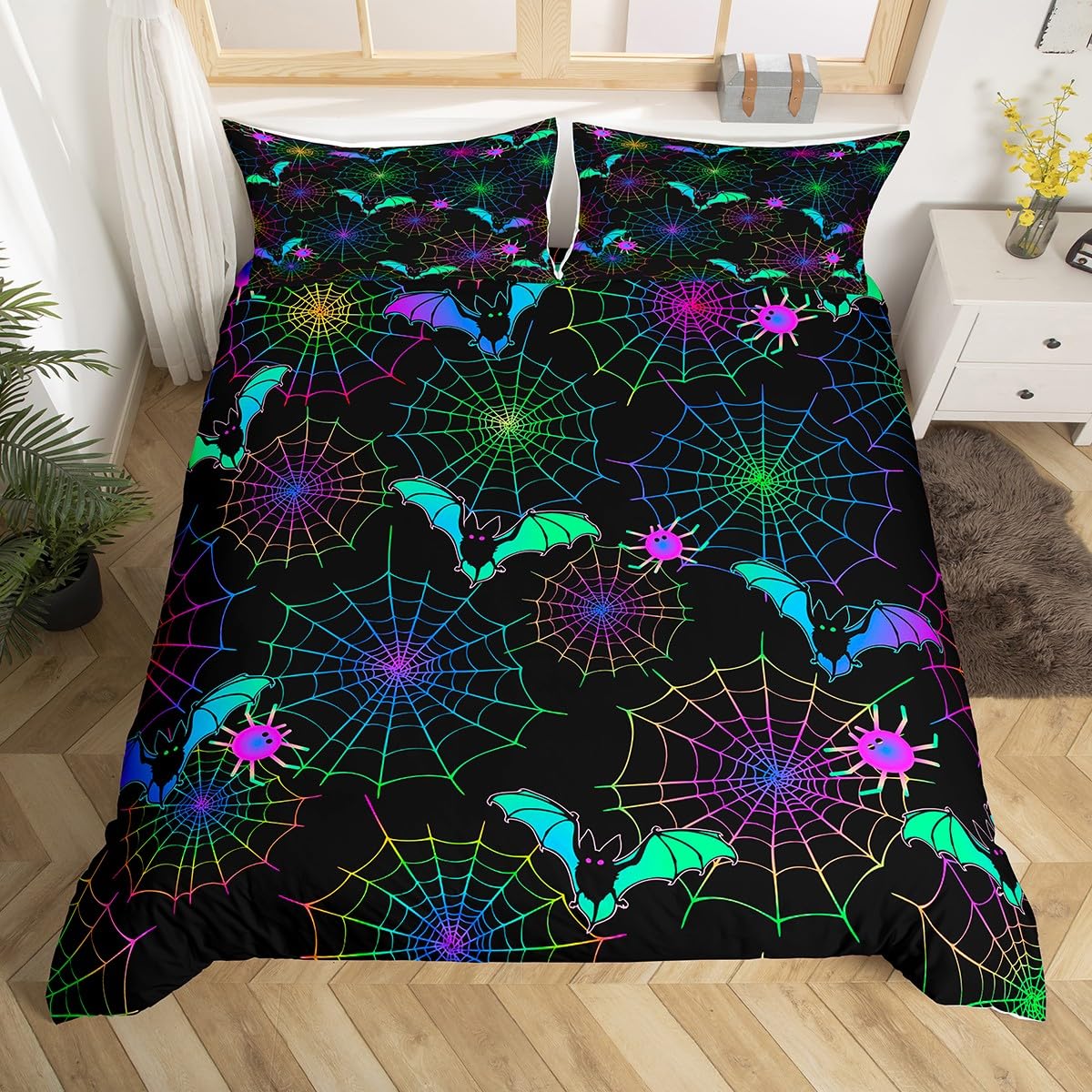 Feelyou Halloween Kids Bedding Set King Size Bat Spider Web Duvet Cover for Boys Girls Teens Bedroom Bats Decor Comforter Cover Set Women Men Colorful Bedspread Cover with 2 Pillow Case