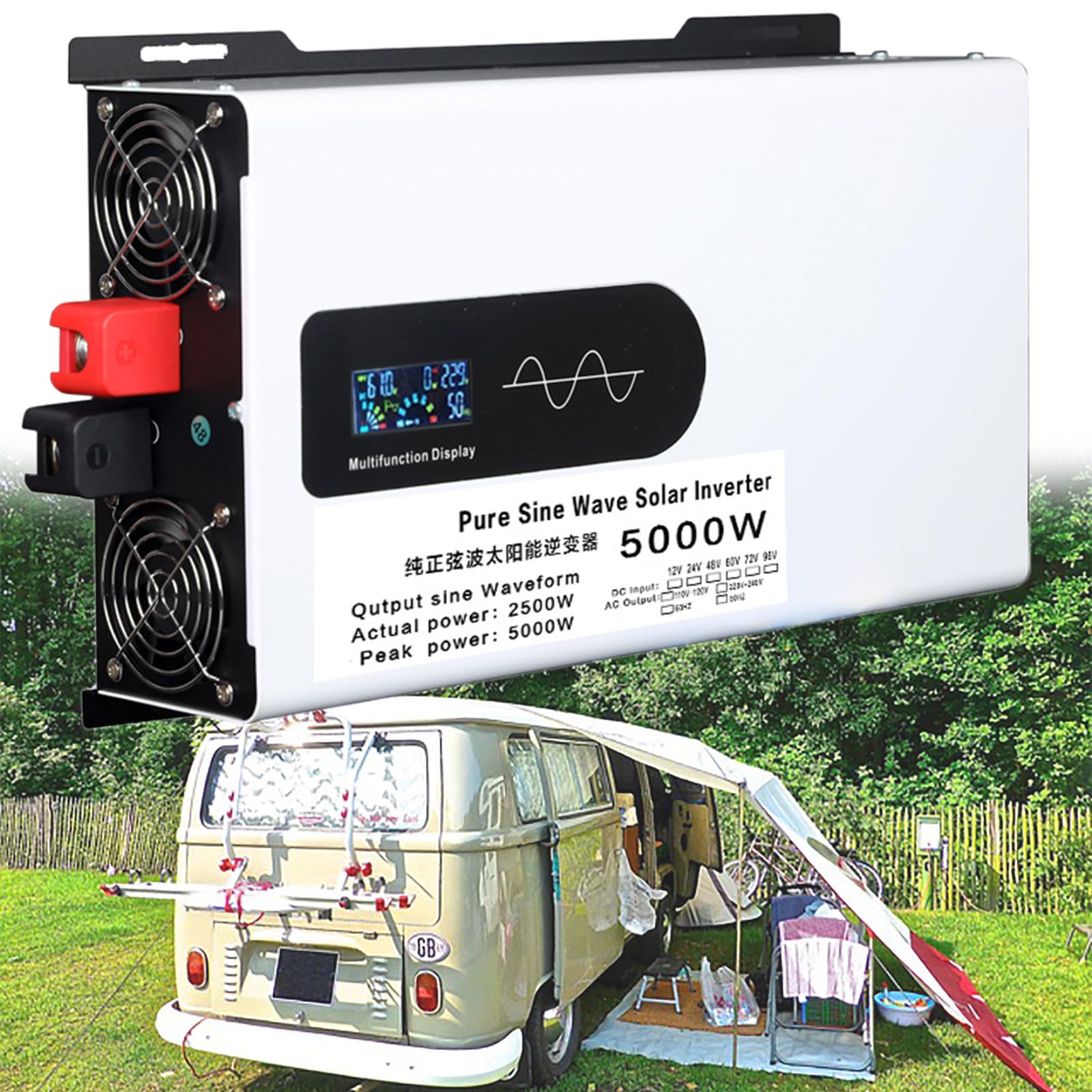 Onduleur à Onde Sinusoïdale Pure 5000 W, Convertisseur CC vers CA, pour Camping-Car, Camion, Maison, Onduleur Solaire Hors Réseau, avec Prises CA, Câbles,24V-220V