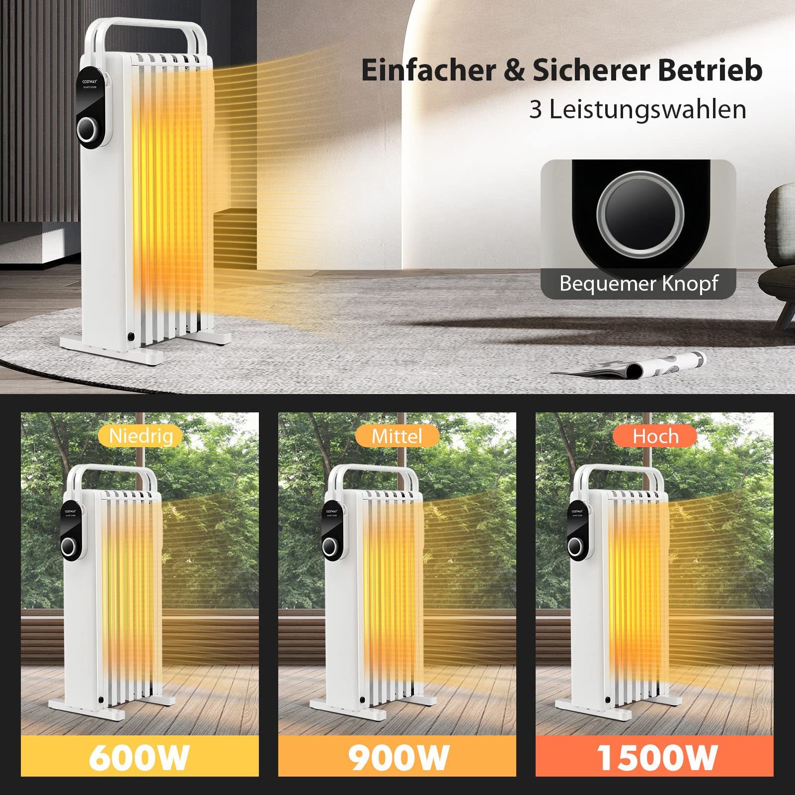 COSTWAY Grzejnik olejowy 1500 W, 7 żeberek, grzejnik 5-35°C, ogrzewanie elektryczne, 3 stopnie ogrzewania, mobilny z kółkami, zabezpieczenie przed przegrzaniem