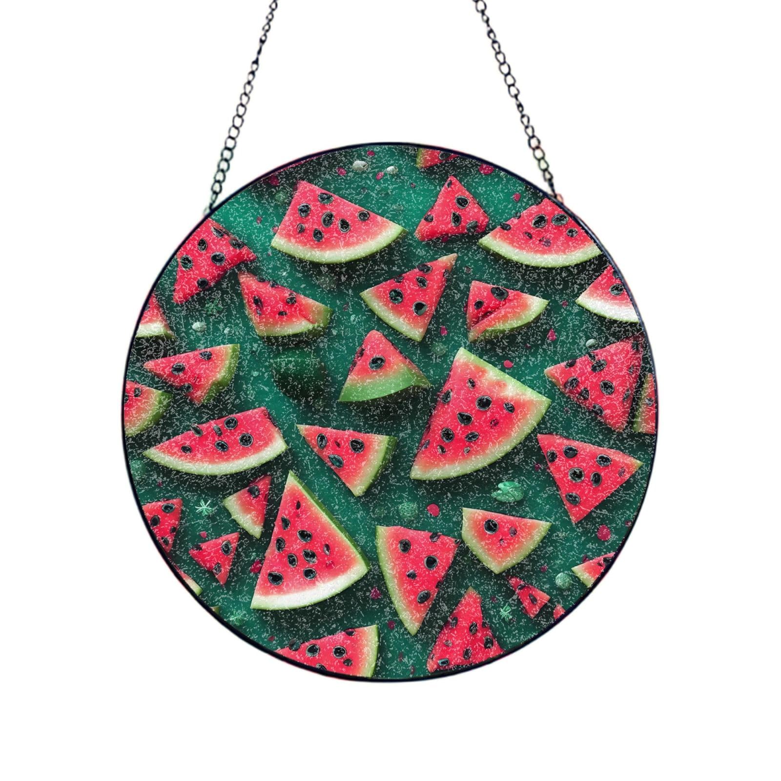 Phayah Dream Watermelon Print Glass Window Hanging Round Suncatcher Glass Ornament Garden Wall Fence Decorations Indoor Outdoor 10in（25cm）