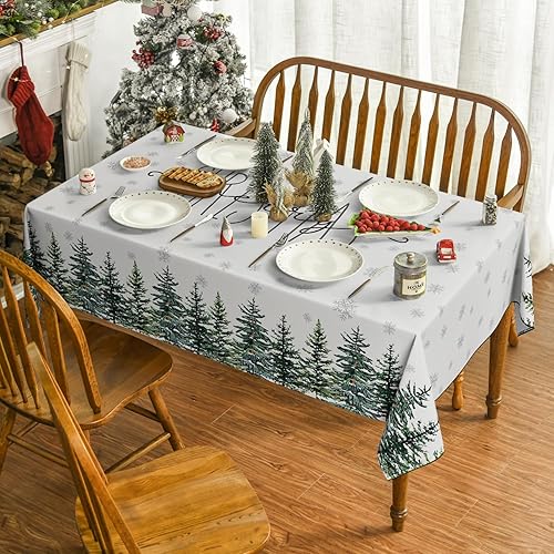 Miniatura 2 de Horaldaily Mantel de Navidad rectangular de 60 x 104 pulgadas, diseño de árboles de nieve de invierno, color gris, lavable, para fiesta, picnic,