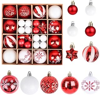 ZALAON 44 Pcs Christmas Ball Ornaments, 1.2/2.3 Inch Red White Christmas Baubles Christmas Tree Hanging Ball Set for Xmas Party Indoor Outdoor Decorations