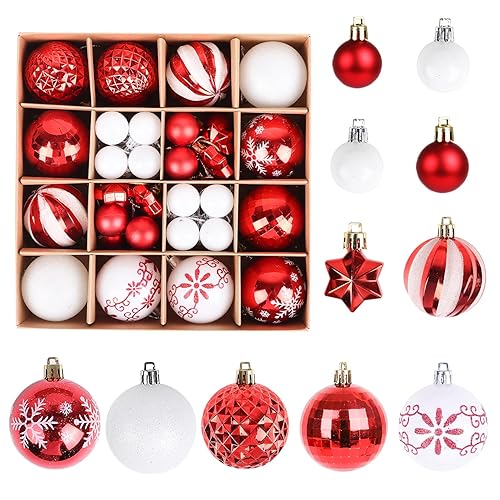 ZALAON 44 Pcs Christmas Ball Ornaments, 1.2/2.3 Inch Red White Christmas Baubles Christmas Tree Hanging Ball Set for Xmas Party Indoor Outdoor Decorations - Red/White