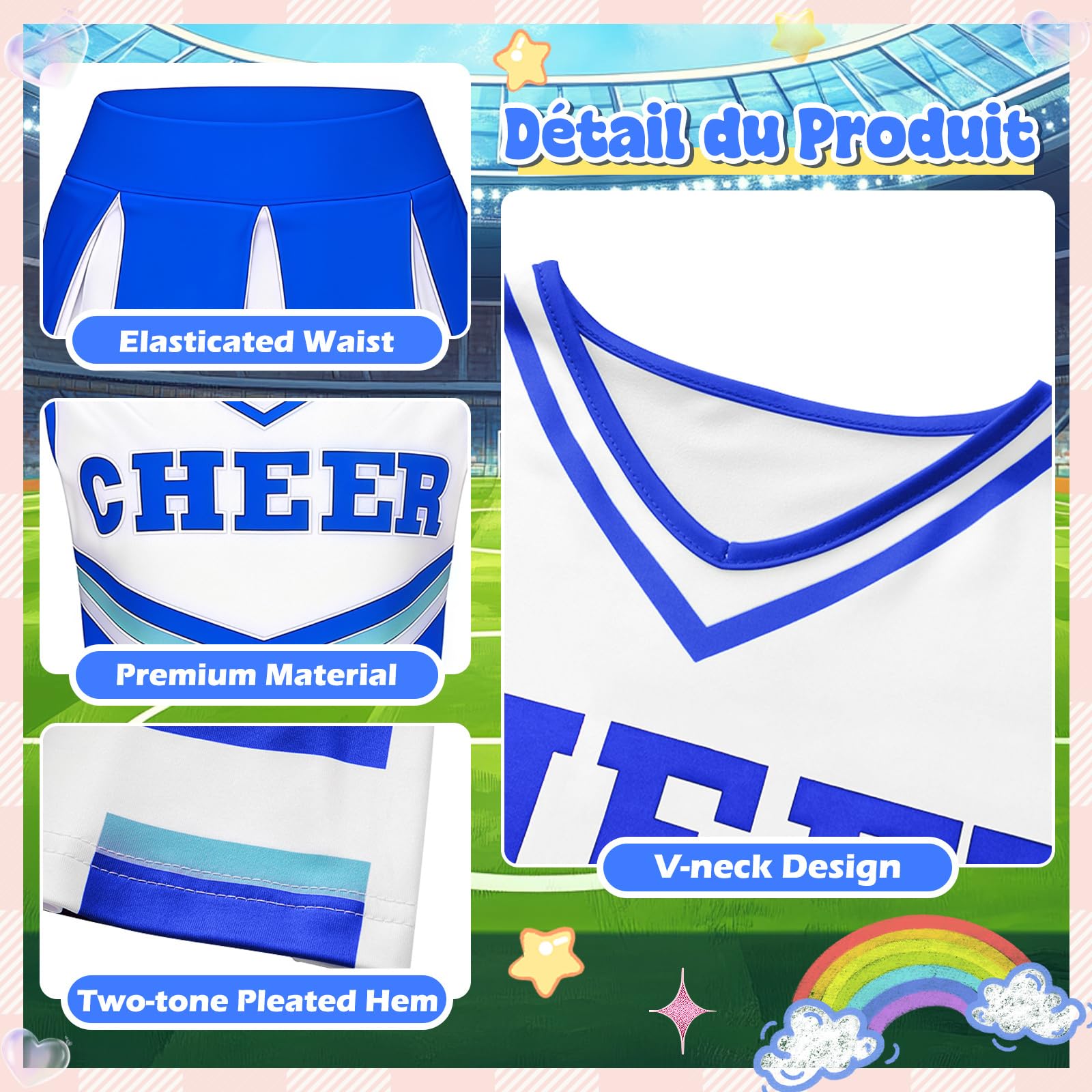 Luckyou Deguisement Pompom Costume De Cheerleader Déguisement Uniforme de Pom-pom avec Pompoms Chaussettes pour Halloween Mascarade Carnaval - 4