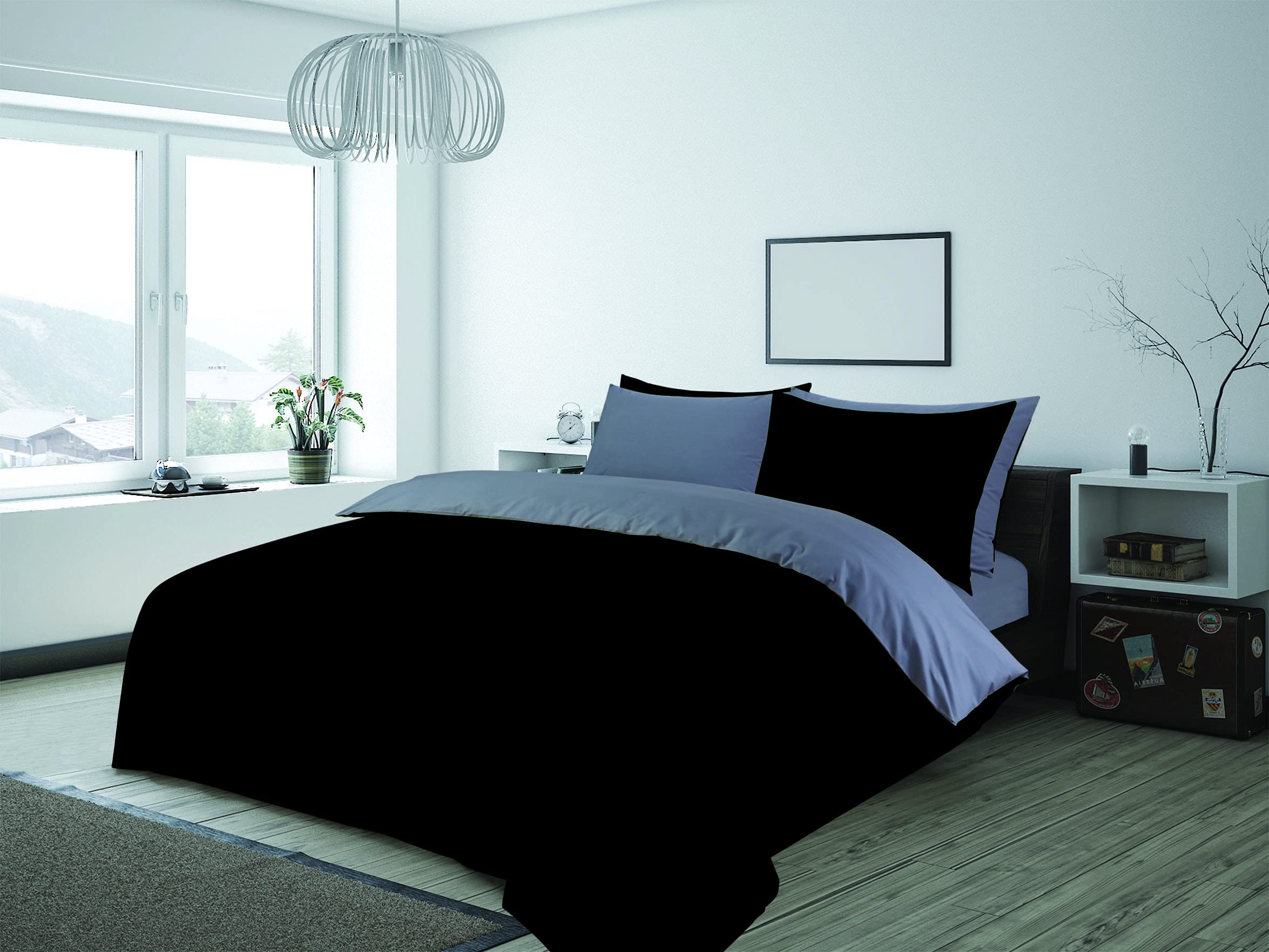 Charlotte Andersen Black / Grey & Single Duvet Cover Plain Reversible Cotton Blended Bedding Set With Pillowcase