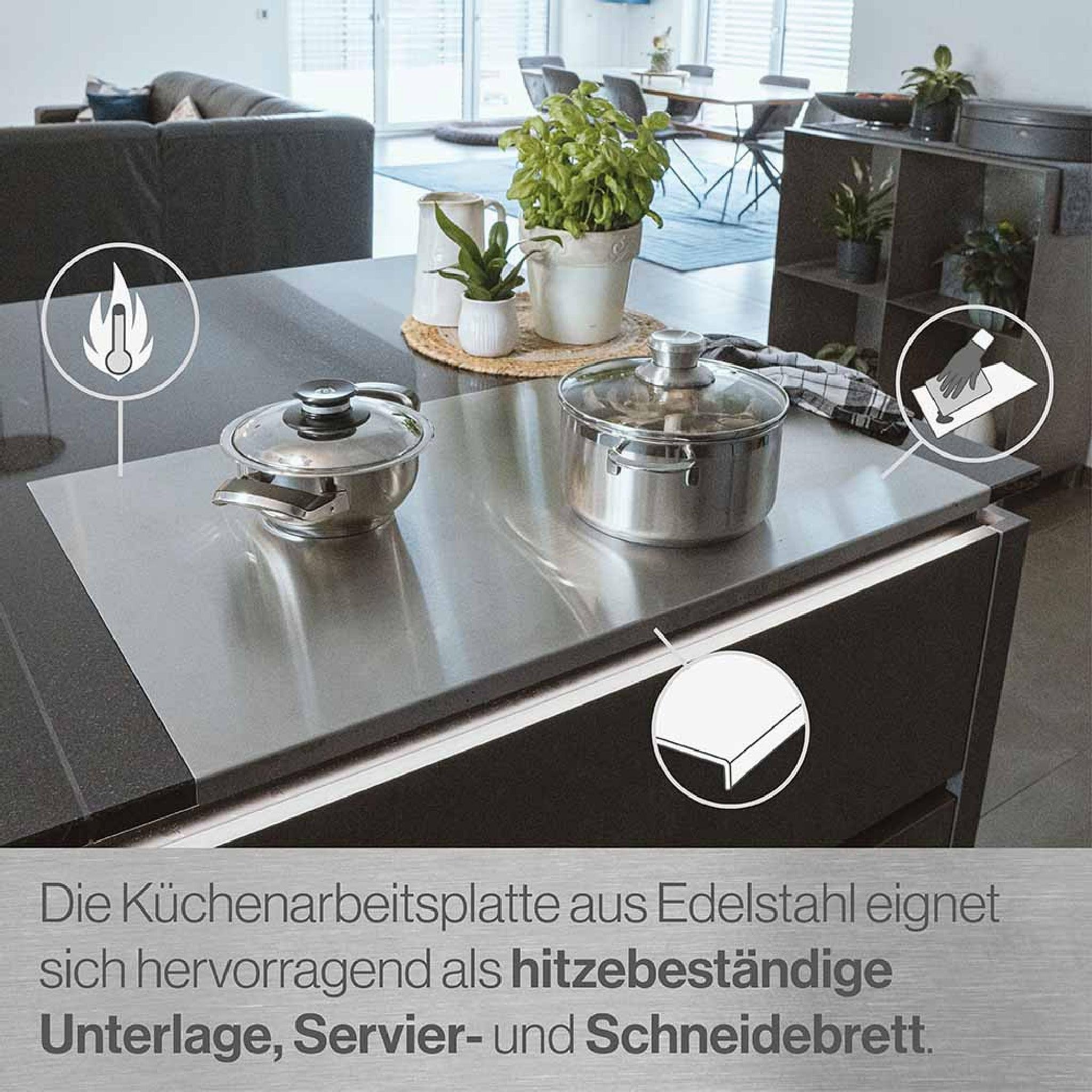 Arbeitsplatte Knetbrett Edelstahl [90x50 cm] - Für Kneten, Schneiden & Backen - Küchenplatte mit Anschlagkante - Auch als Nudelbrett, Backbrett, Teigbrett - Schneidebrett Platte Küche