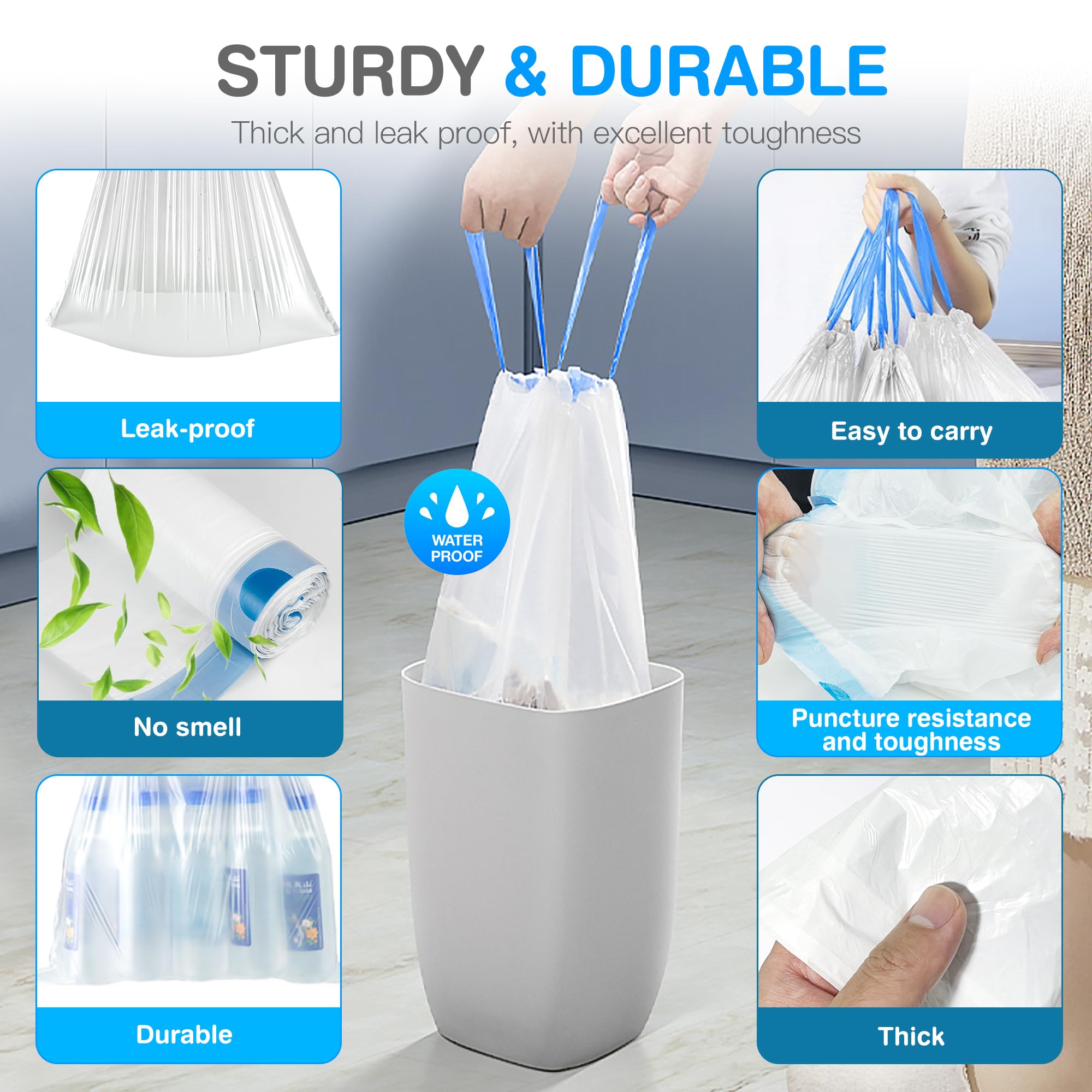 Charmount Małe worki na śmieci 10 l, 200 sztuk mini worki na śmieci ze sznurkiem, plastikowe wkładki do kosza na śmieci do akcesoriów łazienkowych, sypialni, pokoju w akademiku, niezbędników, biura
