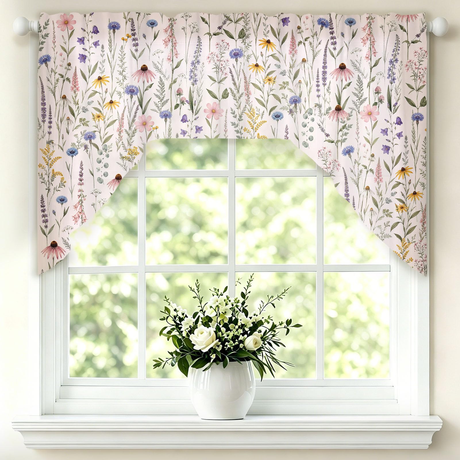 TNKBREEZE Wildflower Swag Curtains Watercolour Pink Short Valances for Window Rod Pocket Semi Sheer Window Topper Home Decor for Living Room Kitchen Bathroom Bedroom Windows 56in Wide 1 Panel