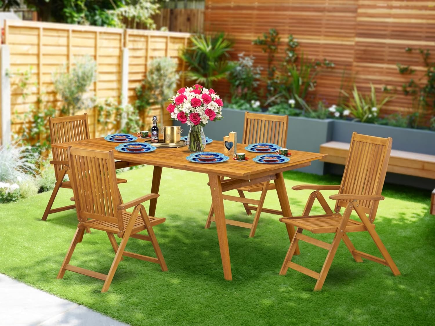 East West Furniture DECN5C5NA 5 Piece Outdoor Patio Dining Sets Includes a Rectangle Acacia Wood Table and 4 Folding Adjustable Arm Chairs, 40x72 Inch, Natural Oil
