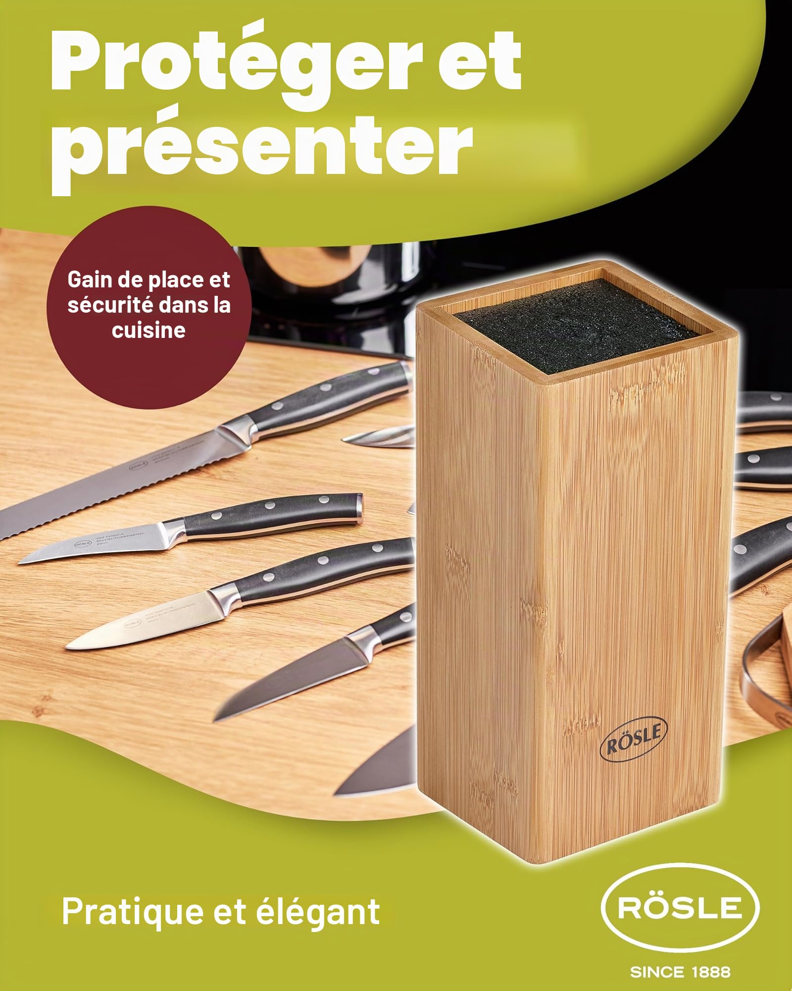 RÖSLE CUISINE Bloc Range Couteaux avec Insert en Brosse - Porte-Couteaux en Bambou avec 5 Couteaux et Ciseaux - Lames en Acier Spécial - Protège-Doigts - 7 Pièces en Tout