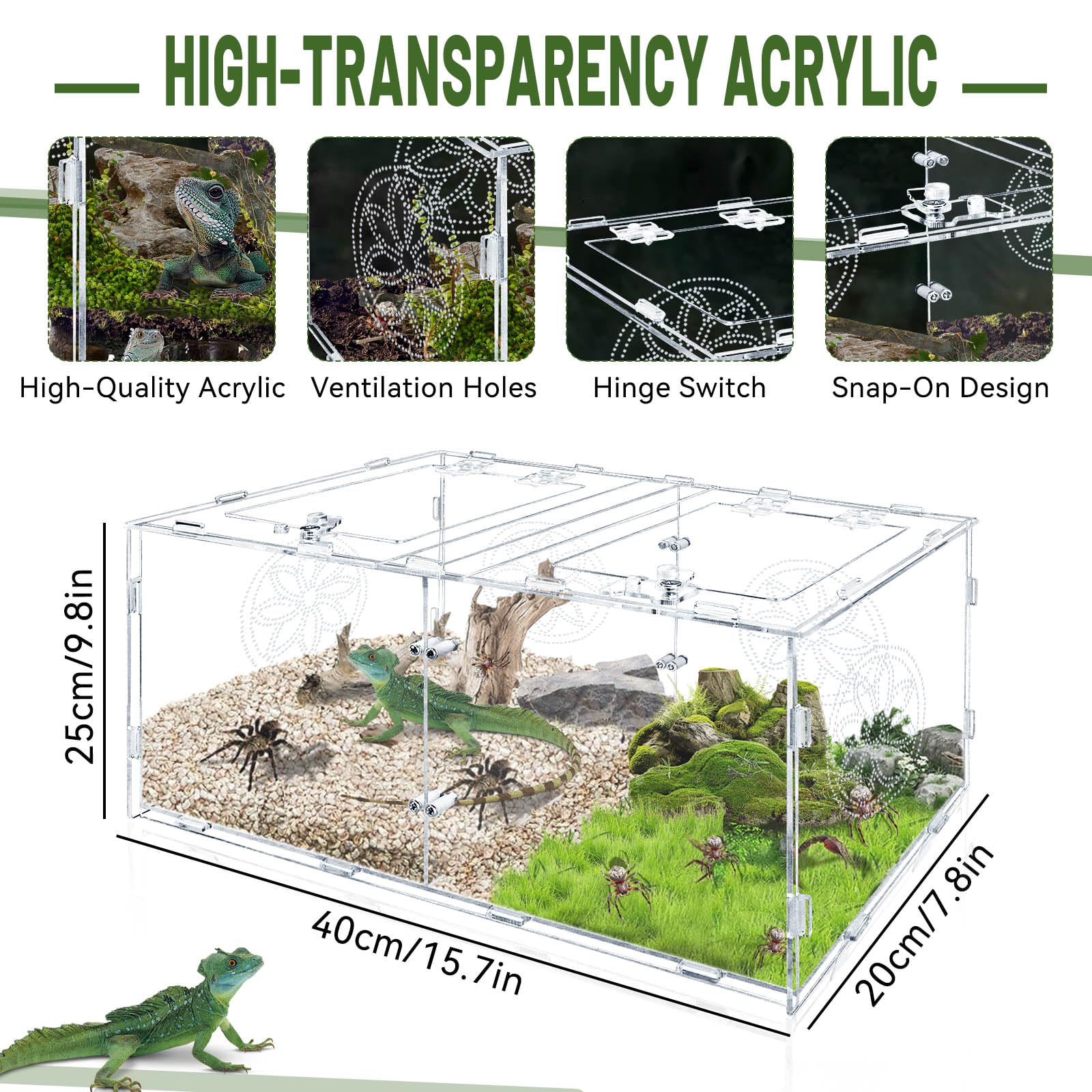 Recinto grande de araña saltadora, caja de tarántula acrílica de 15.7 x 7.8 x 9.85 pulgadas, recinto de reptiles para reptiles que viven en árboles pequeños, anfibios e invertebrados, terrario de