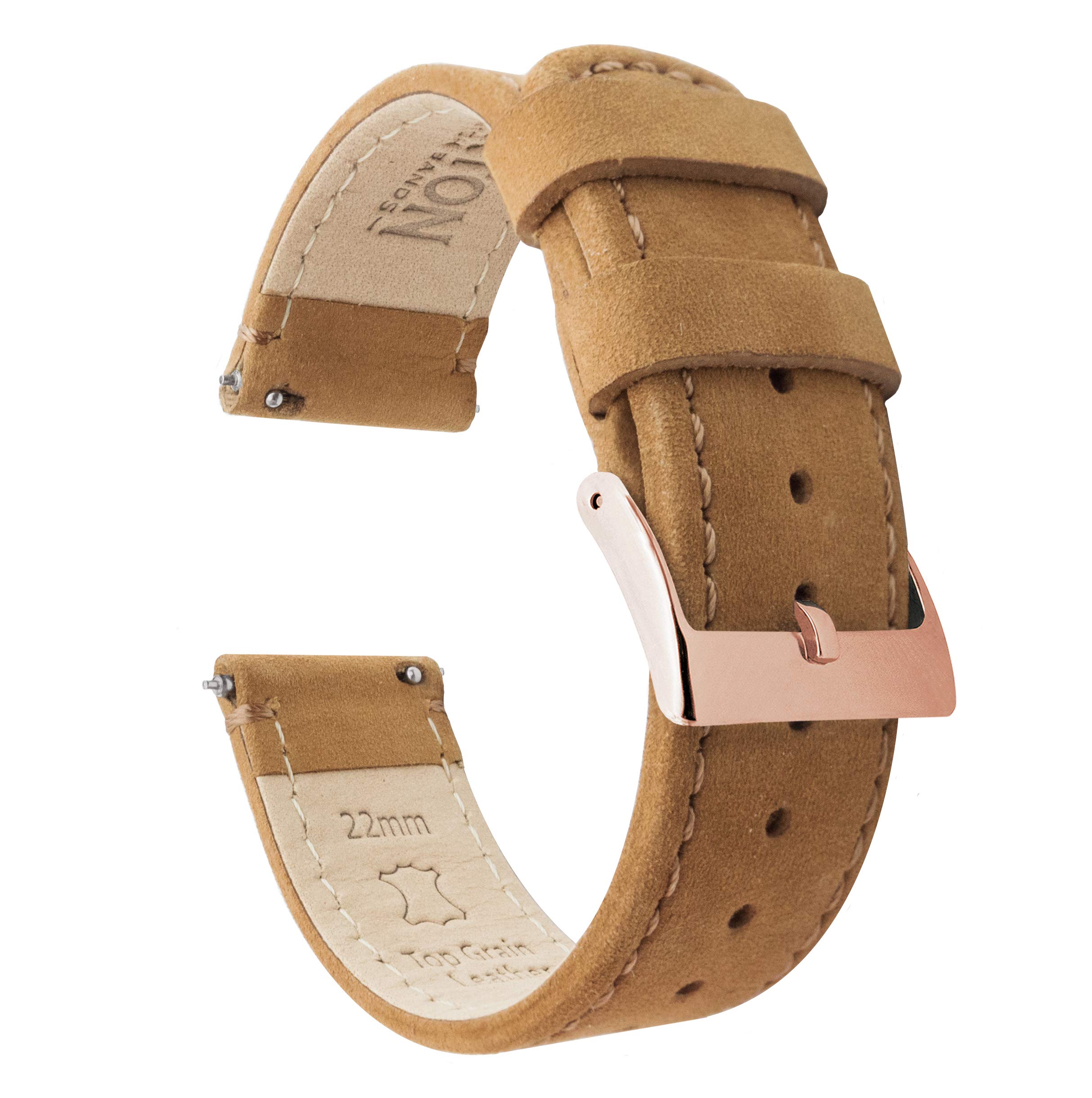 Barton Quick Release,Top Grain Leather Watch Band Strap,Choice of Width,16mm, 18mm, 19mm, 20mm, 21mm 22mm, 23mm or 24mm, Gingerbread Leather,Gingerbread Stitching (Rose Gold Buckle), Traditional, 20mm