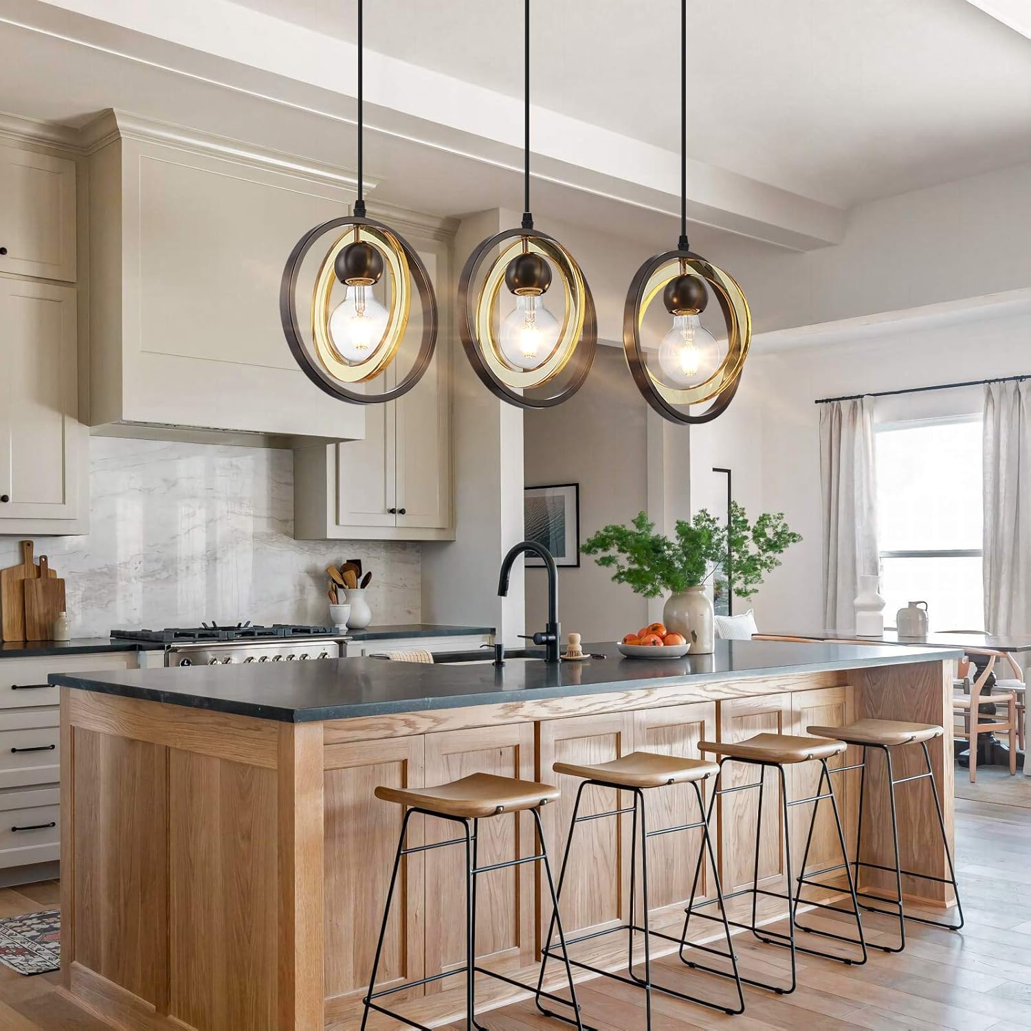 Hottest Sales 3-Light Modern Pendant Lighting for Kitchen Island, Hanging Ceiling Light Fixture with Acrylic Ring Lampshade, Farmhouse Chandelier for Dining Room and Bar