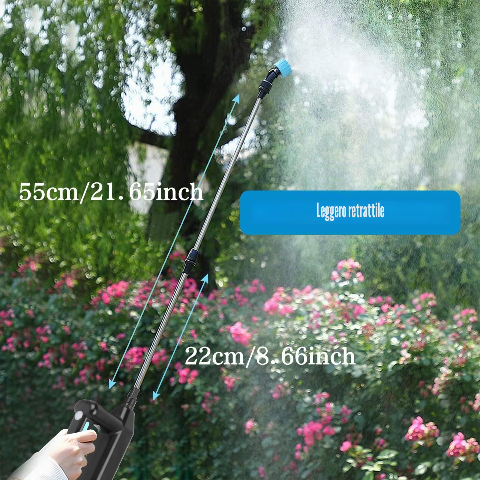 Pompa Irroratrice a Batteria 5Litri, 7.4V/2.4Ah Spruzzatore a Pressione Elettrico, Nebulizzatore Piante con 3 Ugelli Multifunzionale, Spruzzino Nebulizzatore Acqua Retrattile per Irrigazione