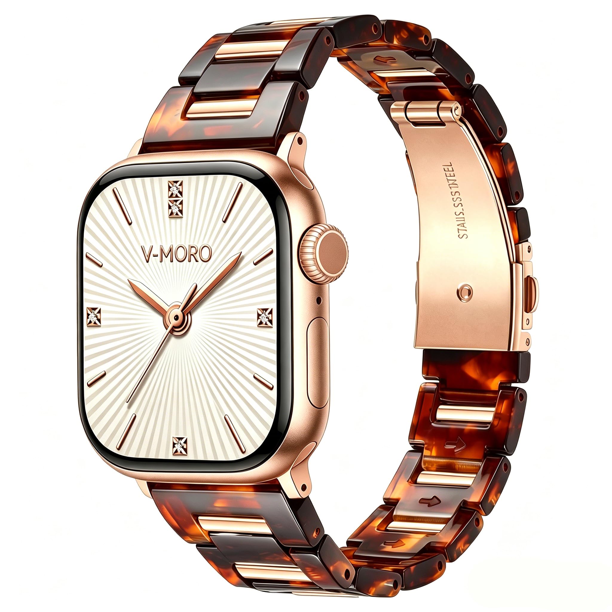 Photo 1 of V-MORO Resin Band Compatible with Apple Watch 42/44/45/46/49mm,Fashion Lightweight Bracelet with Polished Rose Gold Stainless Steel Inlay for iWatch Series 11/10/9/8/7/6/5/4/3/2/1/SE,Tortoise Shell