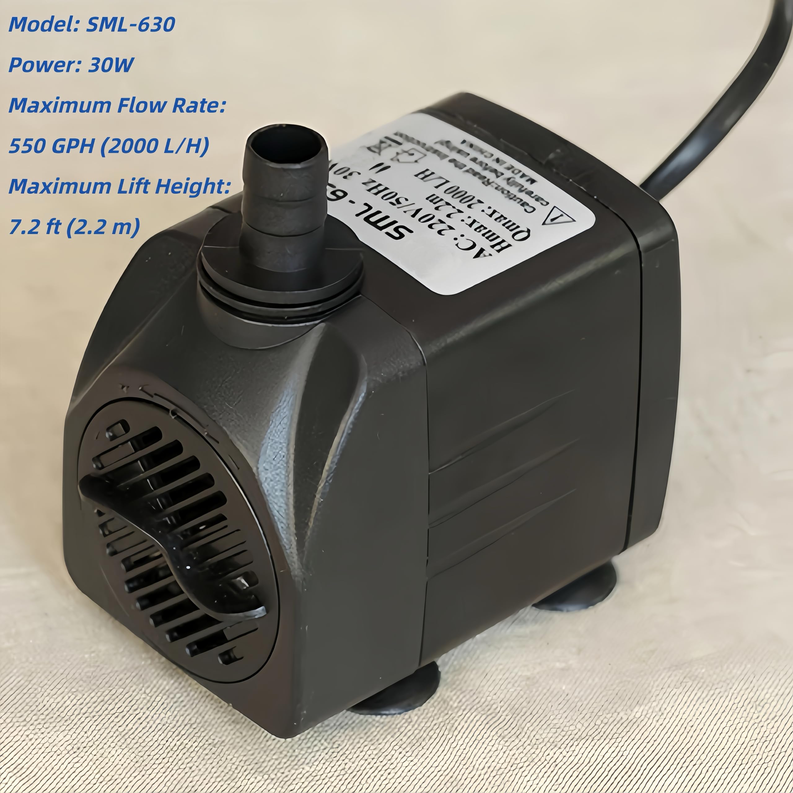 30W Submersible Water Pump, 550 GPH 7.2ft Lift Aquarium Fish Tank Fountain Water Pump, Ultra Quiet Fountain Pool Pond Pump with Suction Cups 3 Nozzles