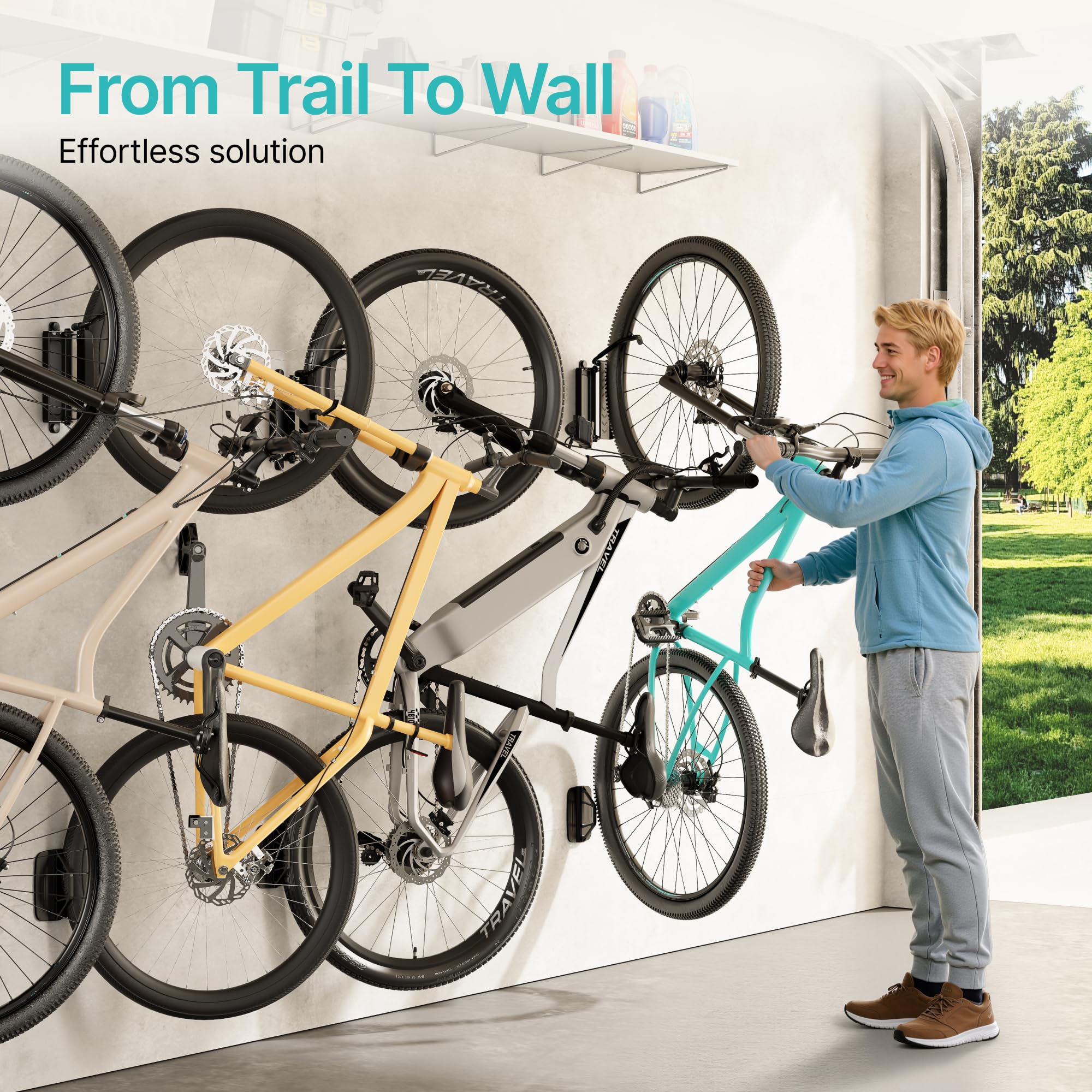 PEGZONE Paquete de 4 soportes de pared giratorios para bicicleta, colgadores de pared para garaje, soporte de pared para bicicletas, ahorro de espacio, soporte de pared estable, soporta hasta 35 kg