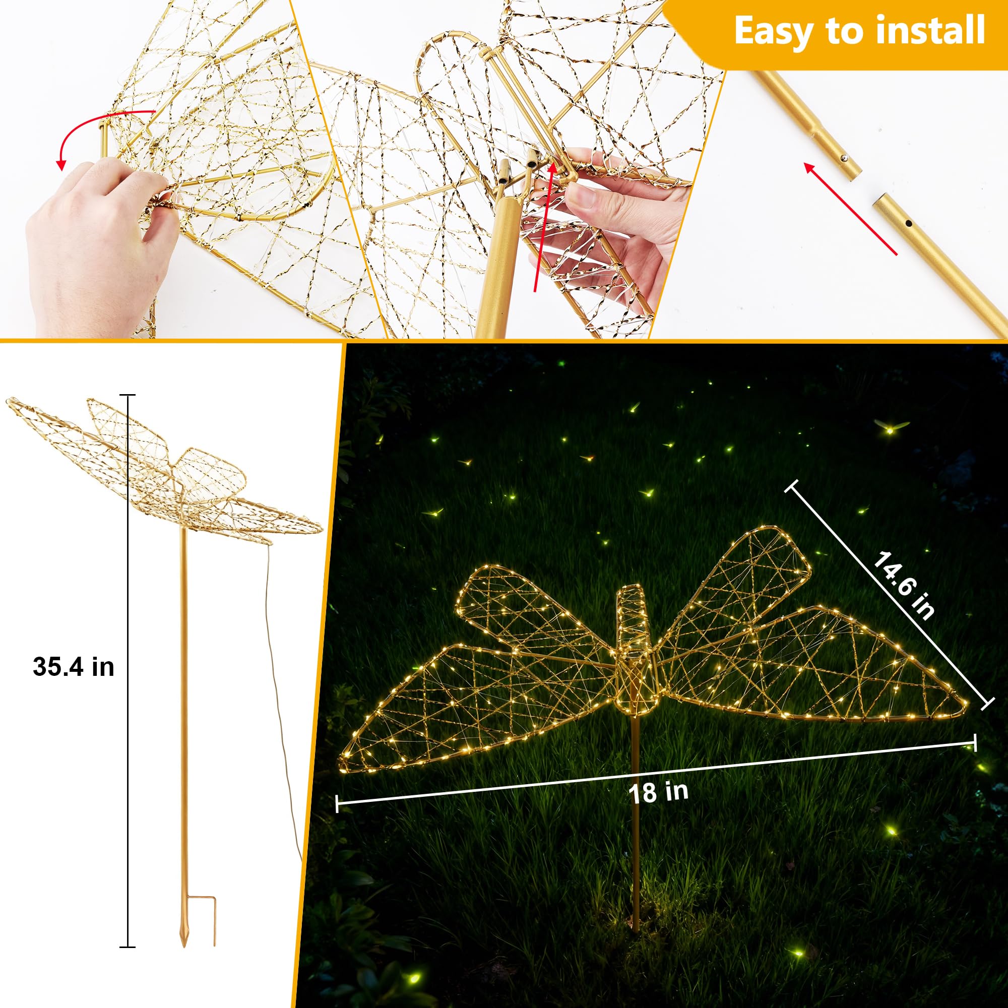Lomotech Luces solares para jardín, 18 pulgadas, 240 LED, plegables, decoración de jardín de mariposas, impermeables, más grandes, con hierro, para jardín, patio, césped, decoración de caminos (blanco