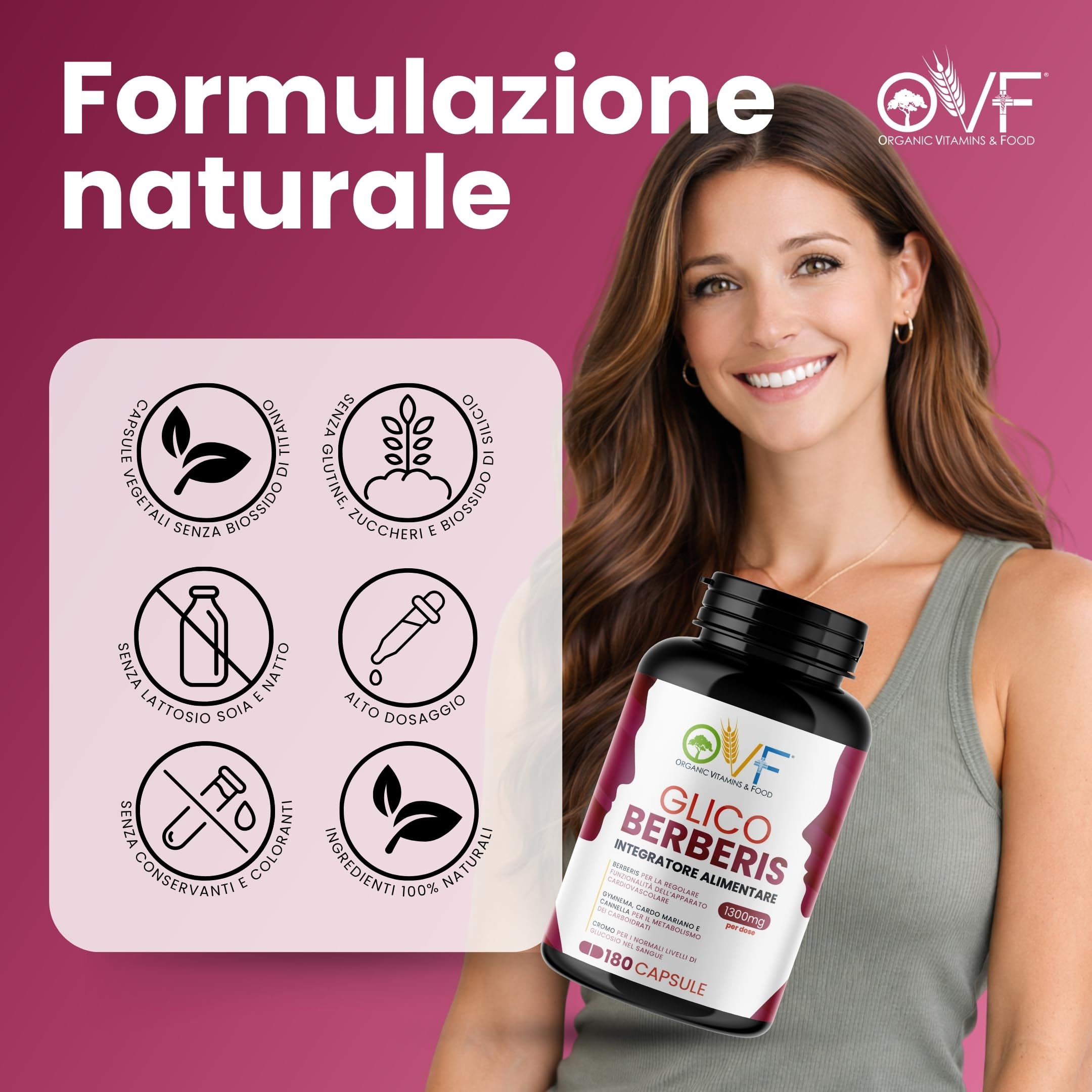 OVF Glico Berberis 180 cps Integratore Alimentare con Berberina, Acido Alfa Lipoico, Gymnema, Cardo Mariano, Cromo e Cannella Supporta Metabolismo e Favorisce la Funzionalità Cardiovascolare