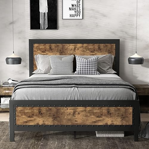 Miniatura 4 de SHA CERLIN Base de cama de metal gris tamaño Queen, base de plataforma de madera industrial con cabecera de remache y estribo, no necesita somier