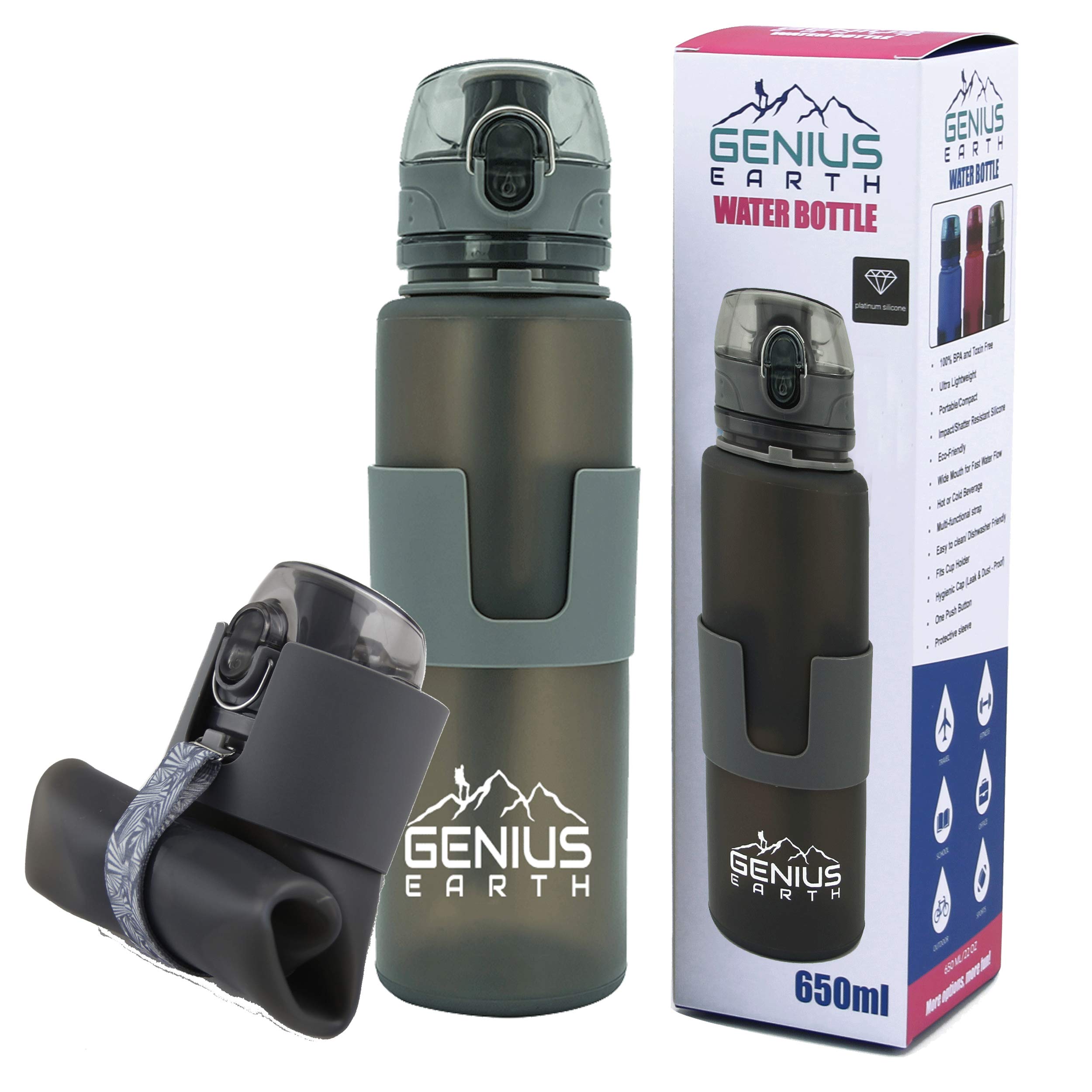 Foldable Water Bottle - Collapsible, Portable, Silicone Drink Bottle for Hiking, Sports & Travel. Lightweight, Reusable Bottles for Men, Women and Kids. BPA Free. 22oz gray