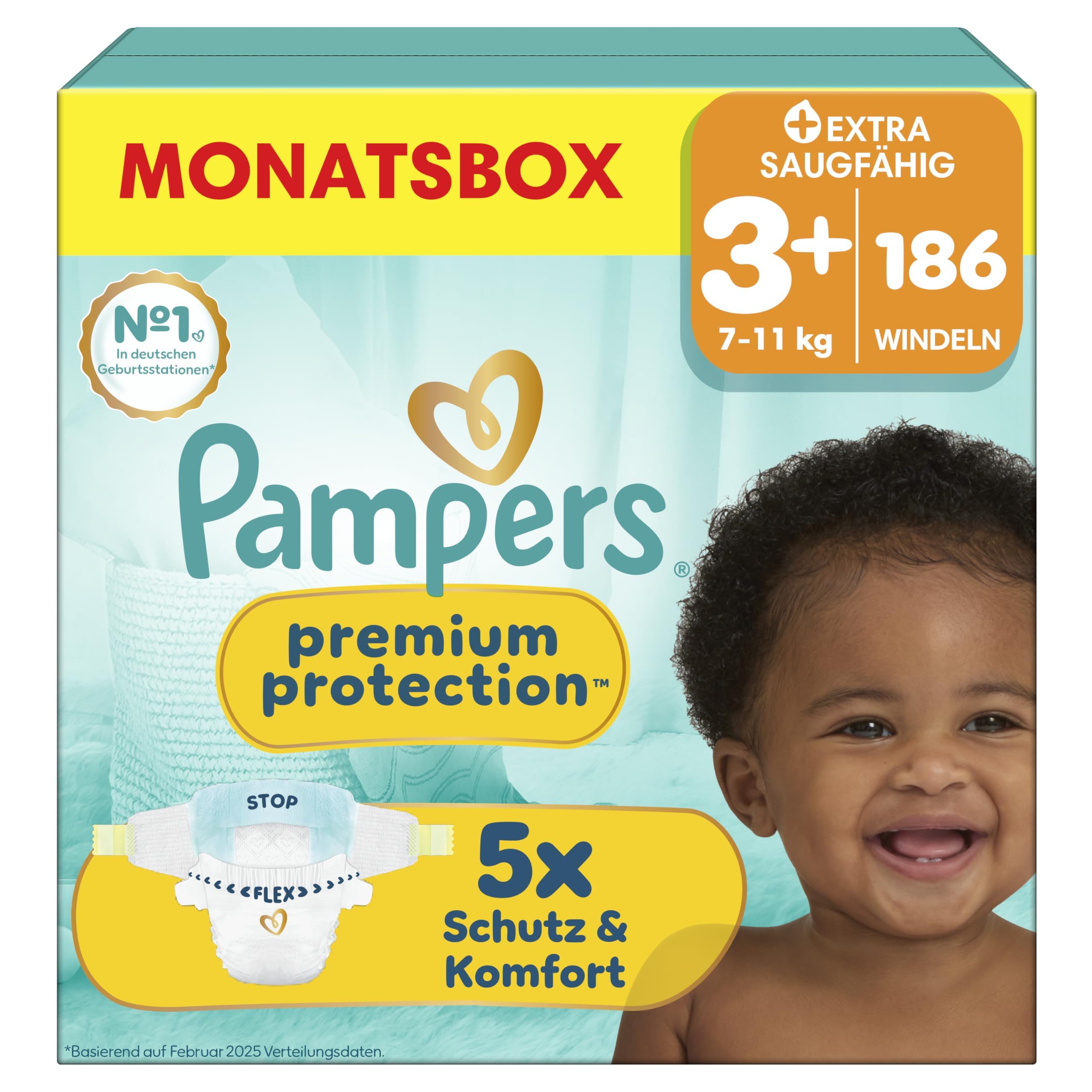 Pampers Premium Protection Größe 3+, 186 Windeln, 7kg-11kg, unser Nr. 1 Haut- und Auslaufschutz