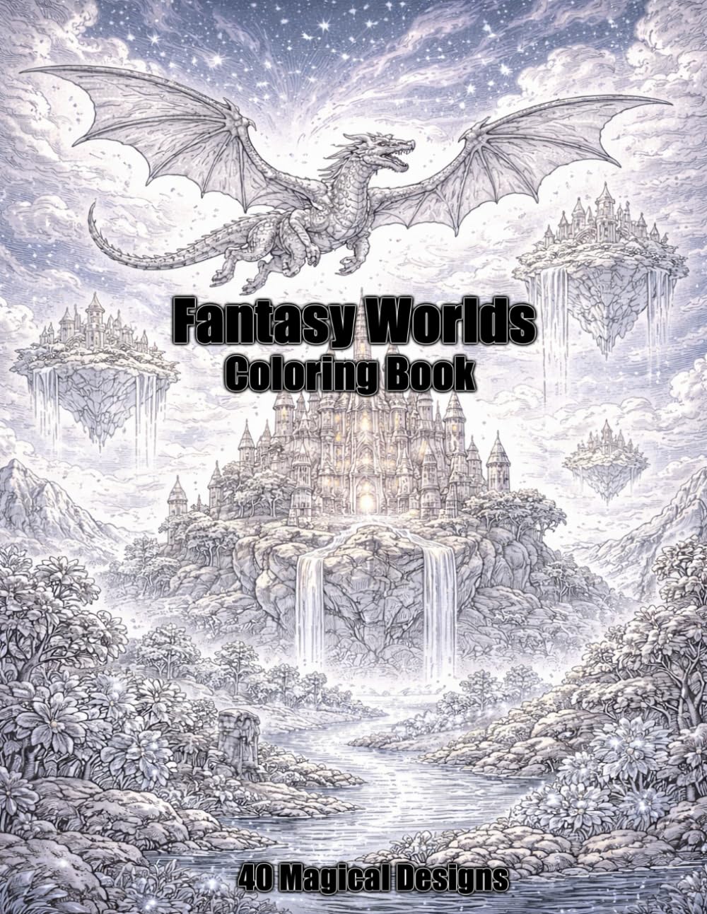 Fantasy Worlds Coloring Book: 40 Magical Designs of Dragons, Castles, Creatures and Enchanted Lands for Relaxation and Creativity