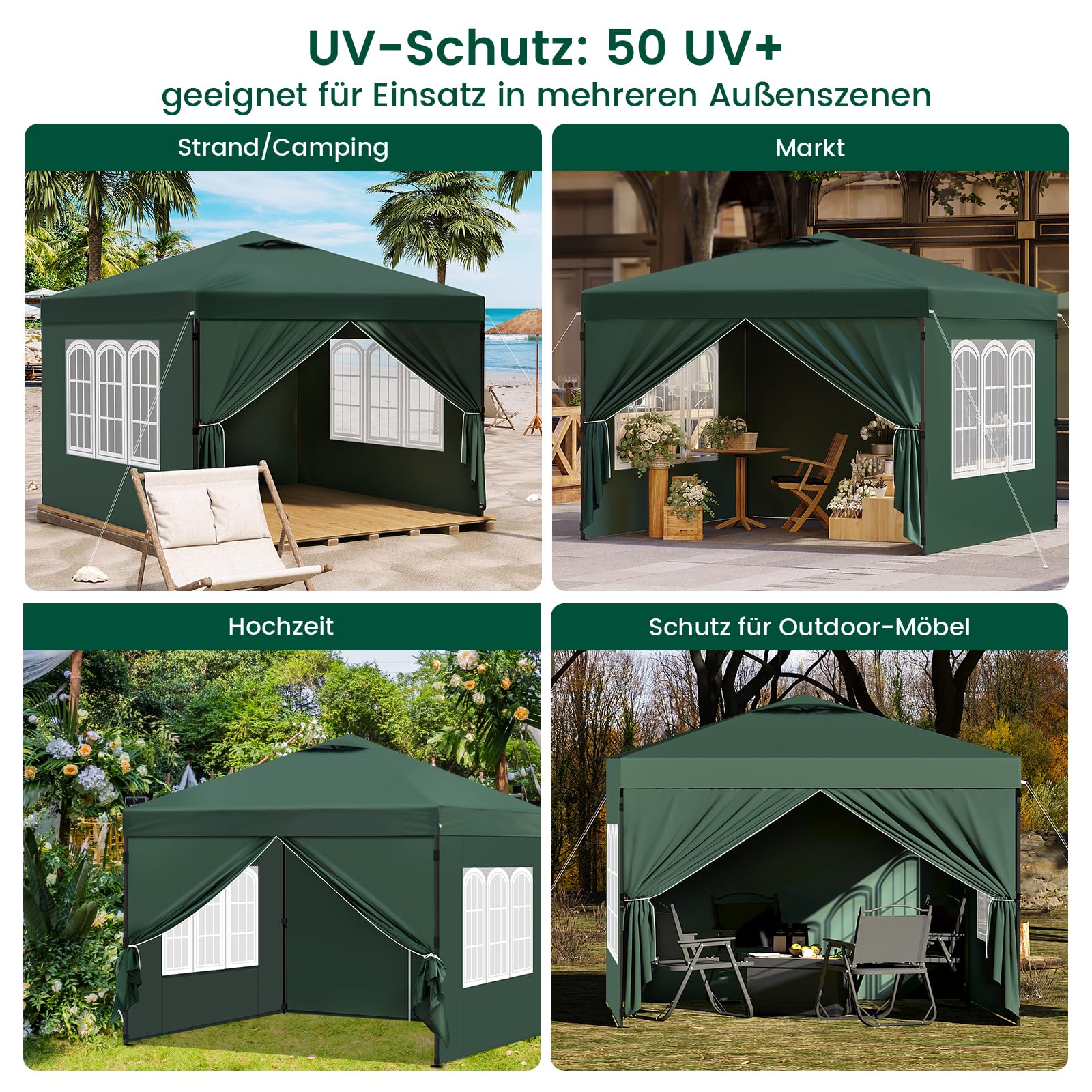Laneetal Pavillon 3x3 m, Faltpavillon mit Seitenwänden, wasserfest stabil Winterfest, Outdoor Gartenpavillon, Partyzelt Gartenzelt, höhenverstellbar, UV Schutz, Metallrahmen,Grün